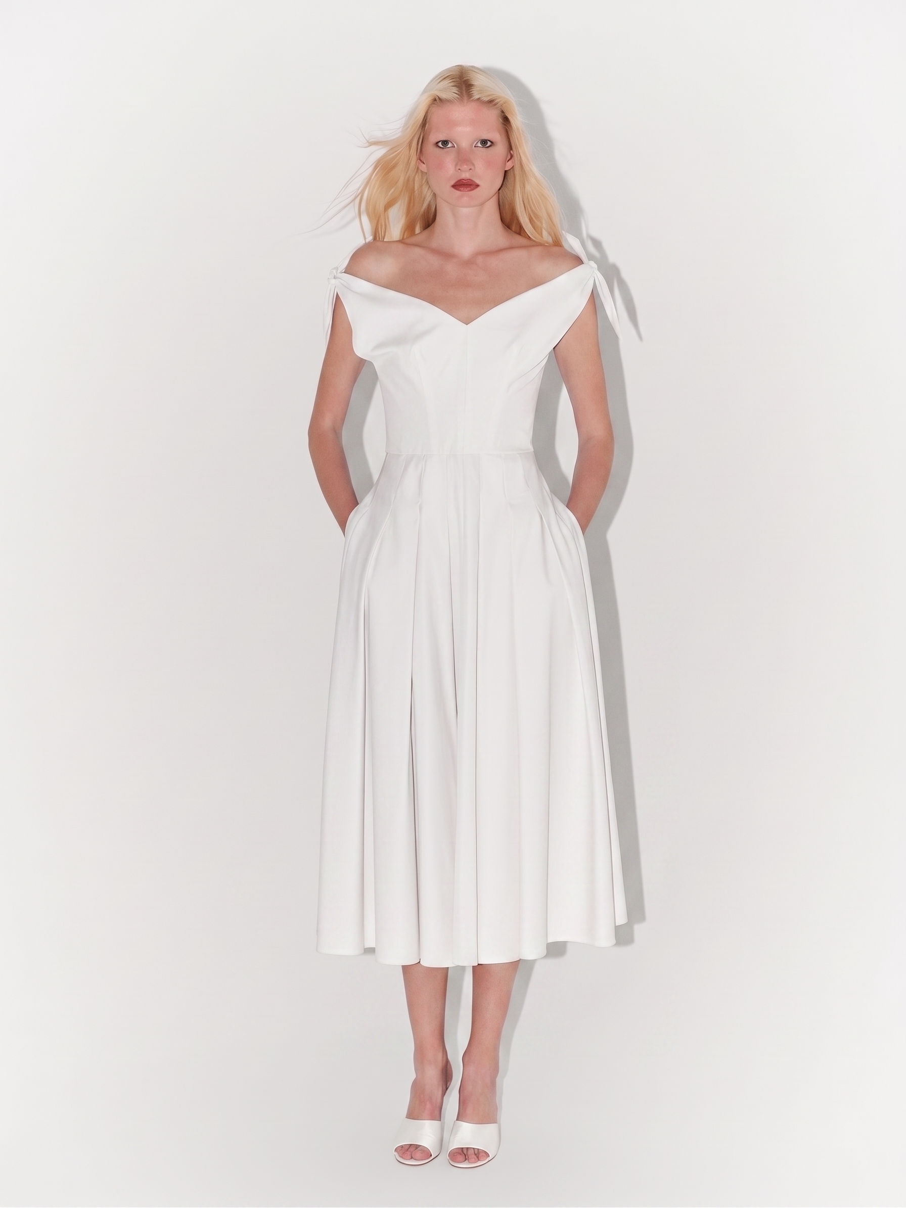 Poplin Tie-Shoulder Midi Dress in White