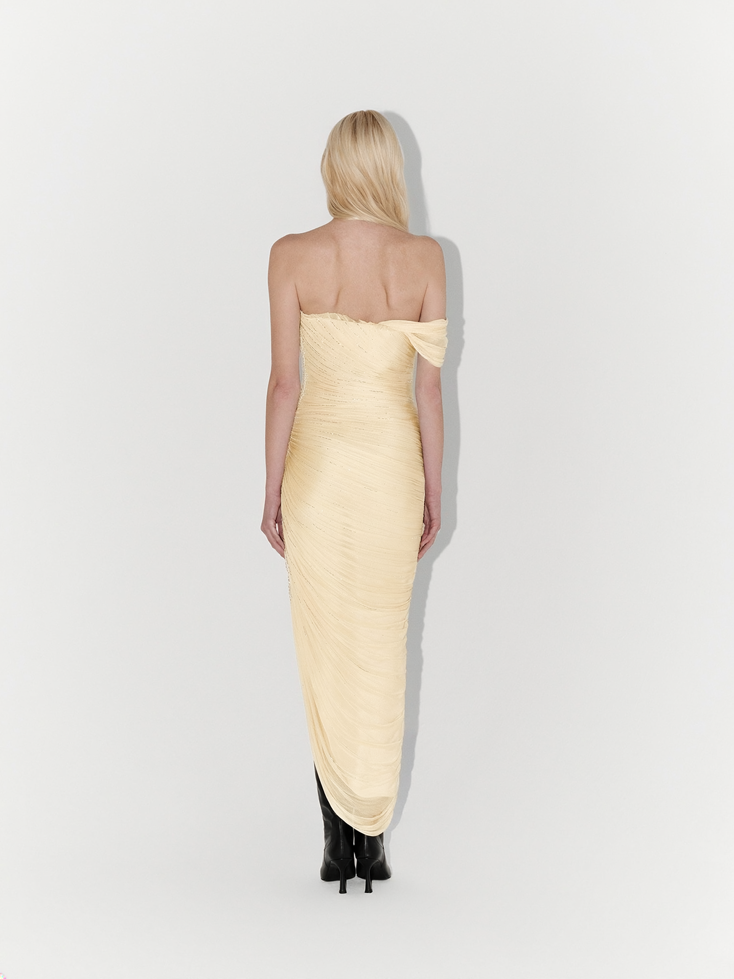 Hand-Embellished Silk Tulle Midi Dress in Butter Yellow