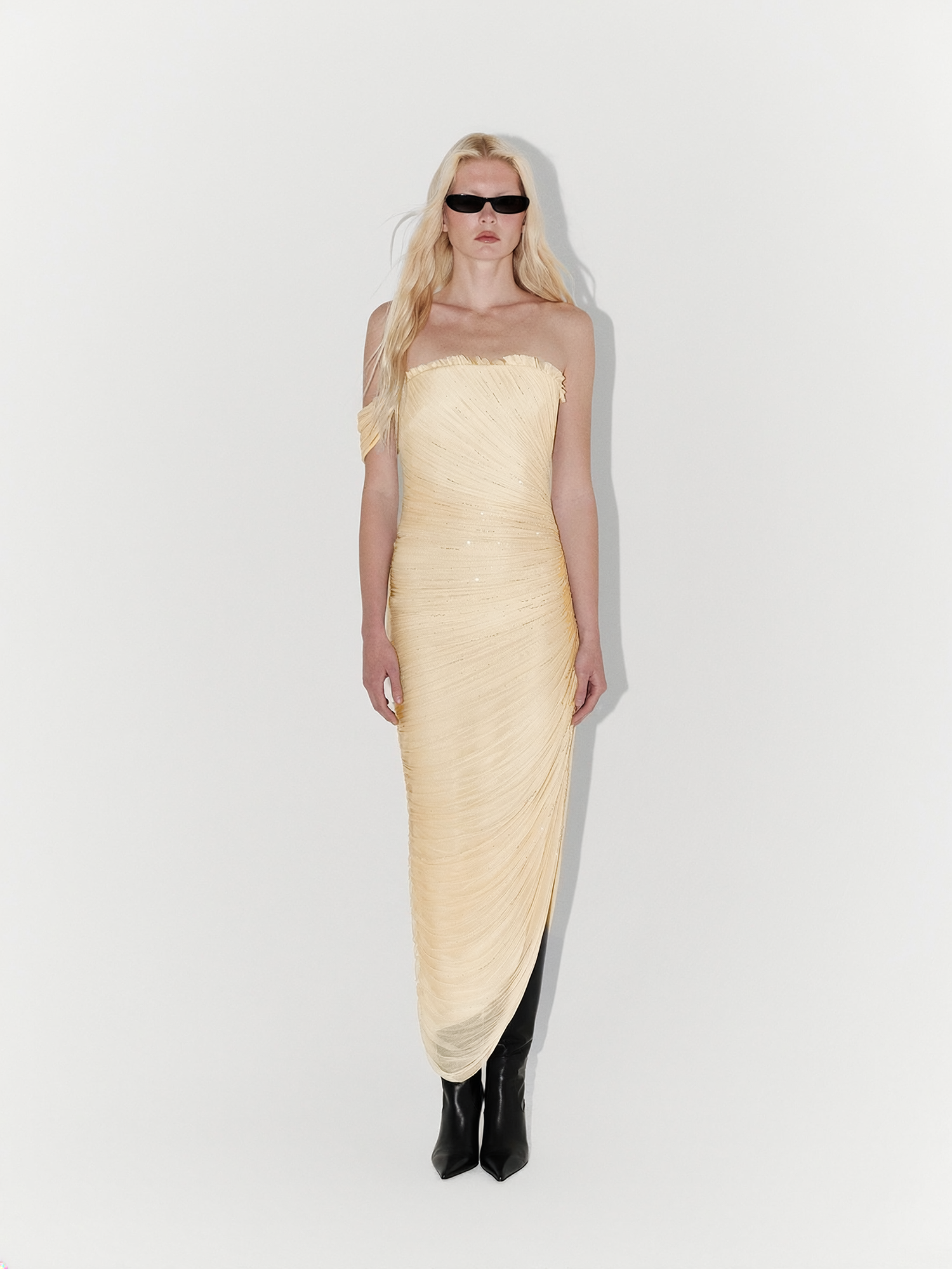 Hand-Embellished Silk Tulle Midi Dress in Butter Yellow
