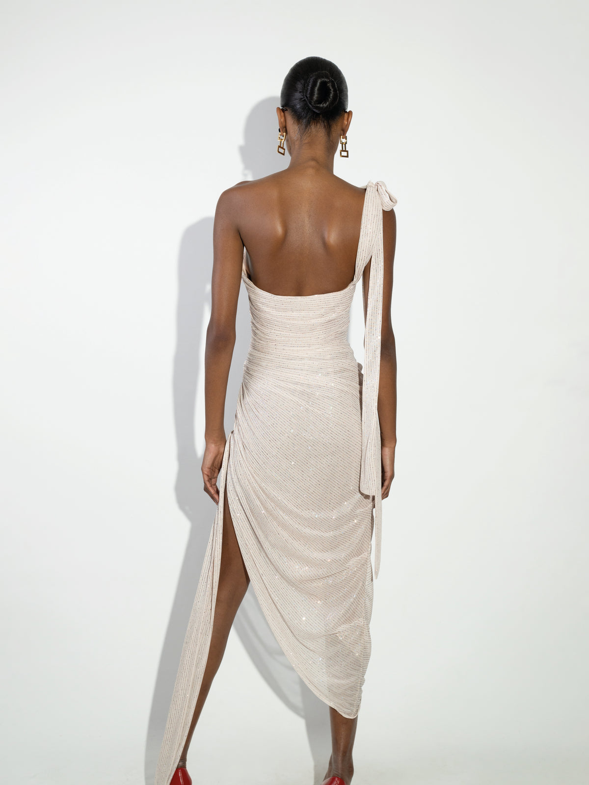 Powder Pink One-Shoulder Draped Midi Dress
