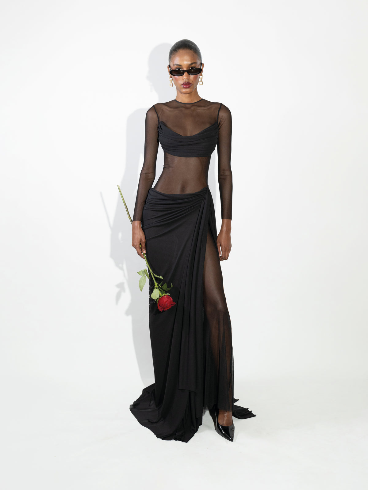 Black Sheer Draped Jersey Maxi Dress