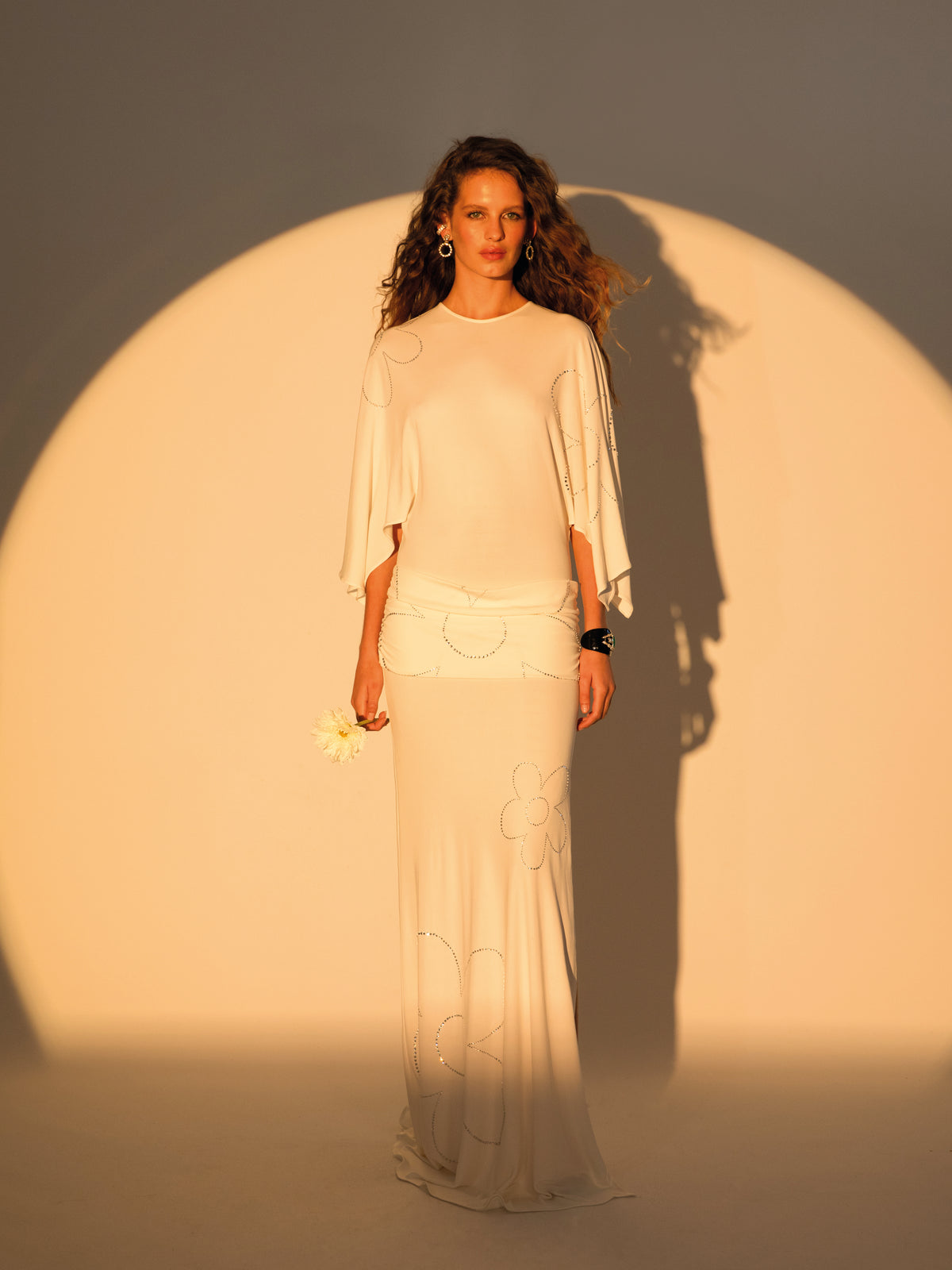 White Crystal printed jersey betwing sleeve maxi dress