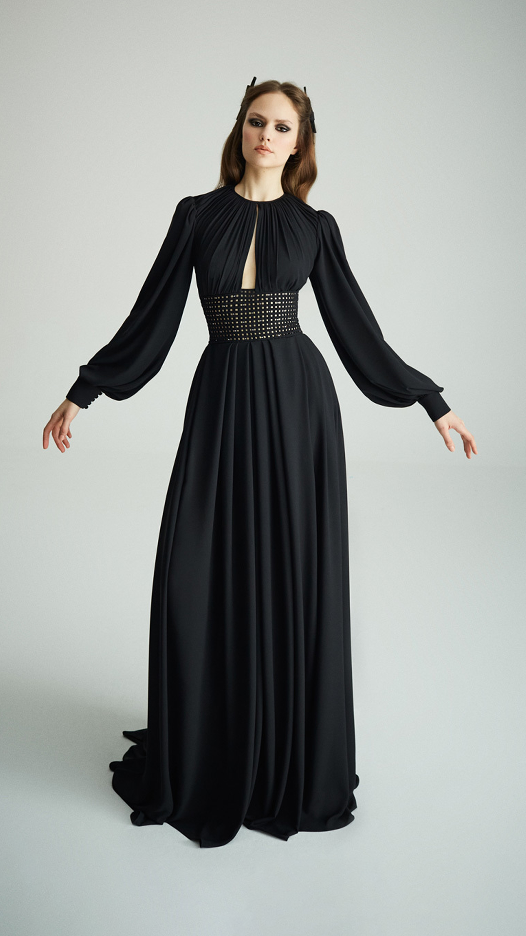 Black Cutout Studded Silk-Chiffon Gown