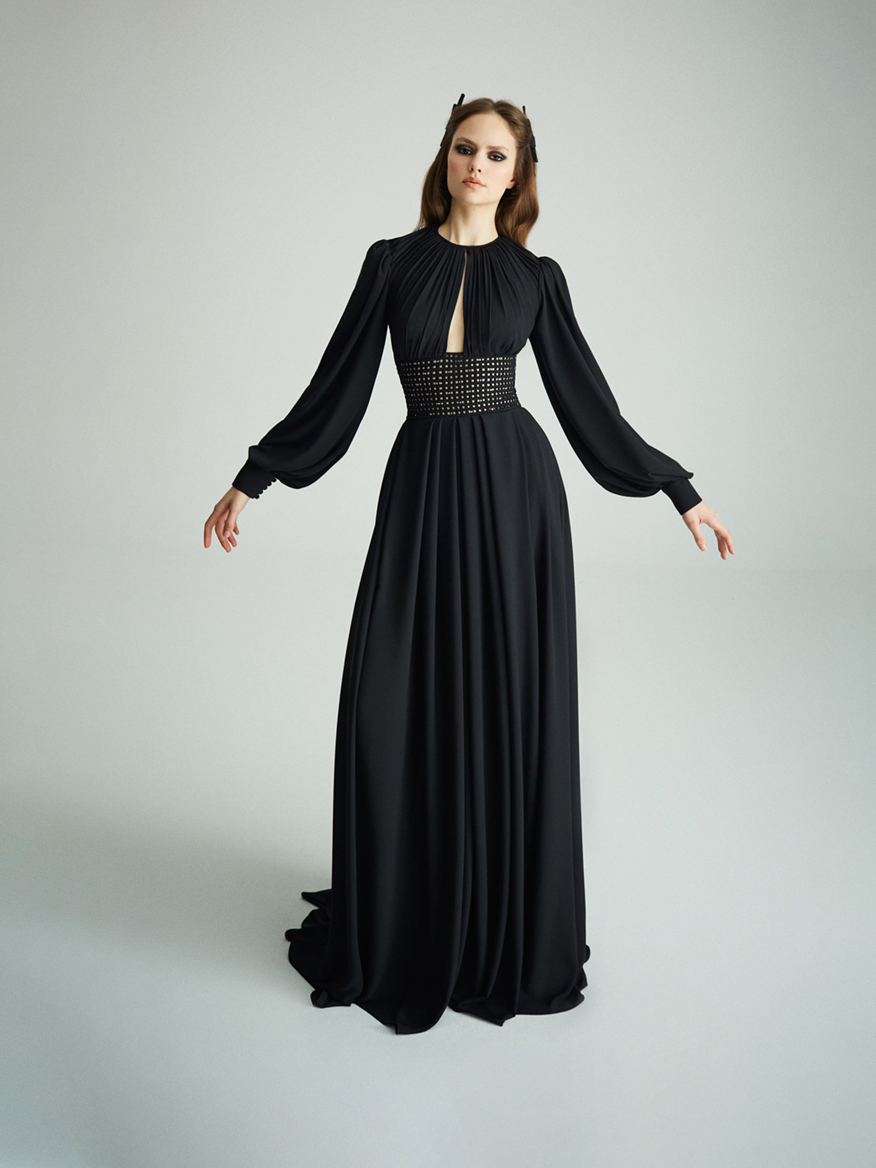 Black Cutout Studded Silk-Chiffon Gown