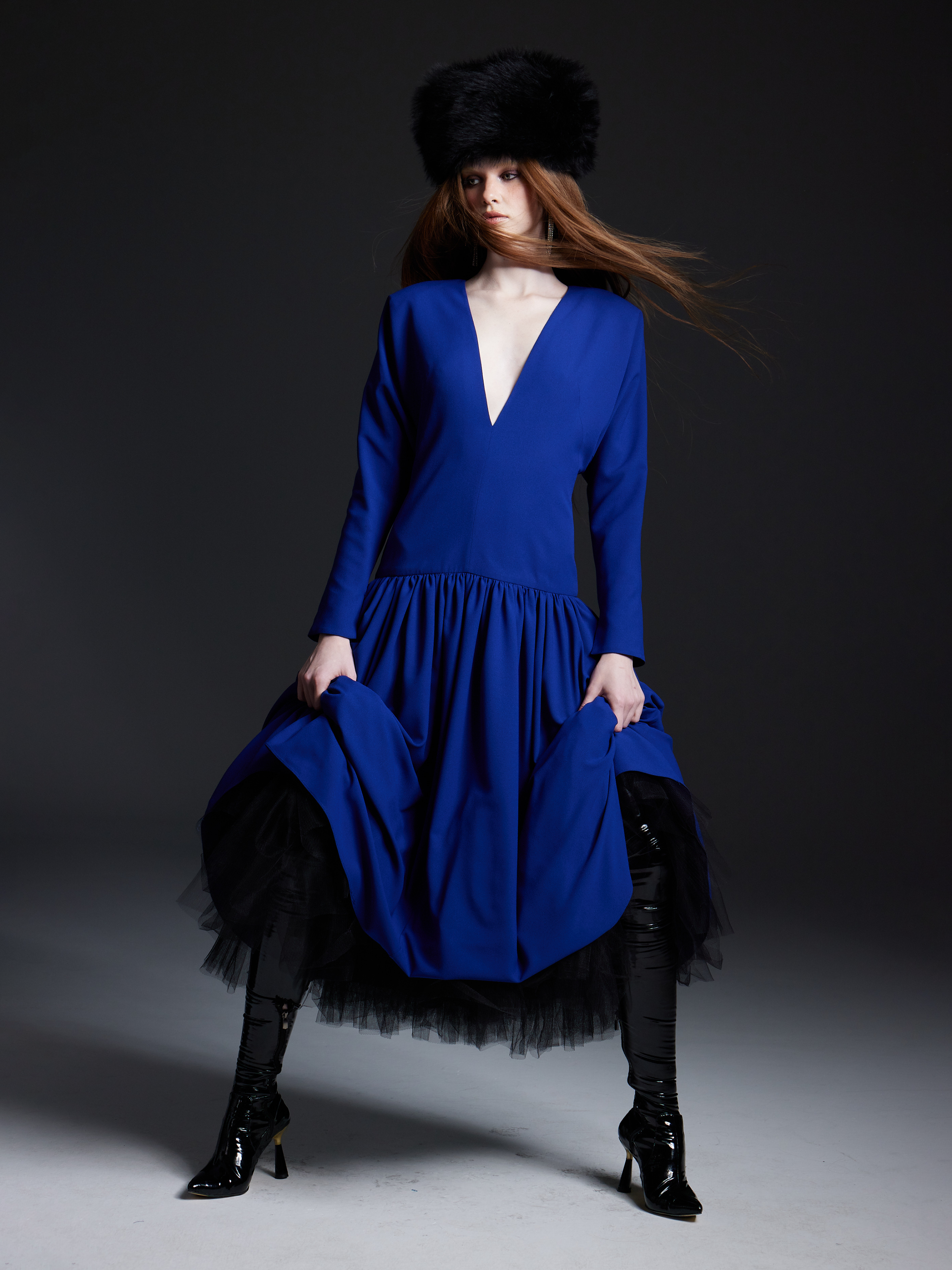 Midnight Blue Gathered Crepe Midi Dress