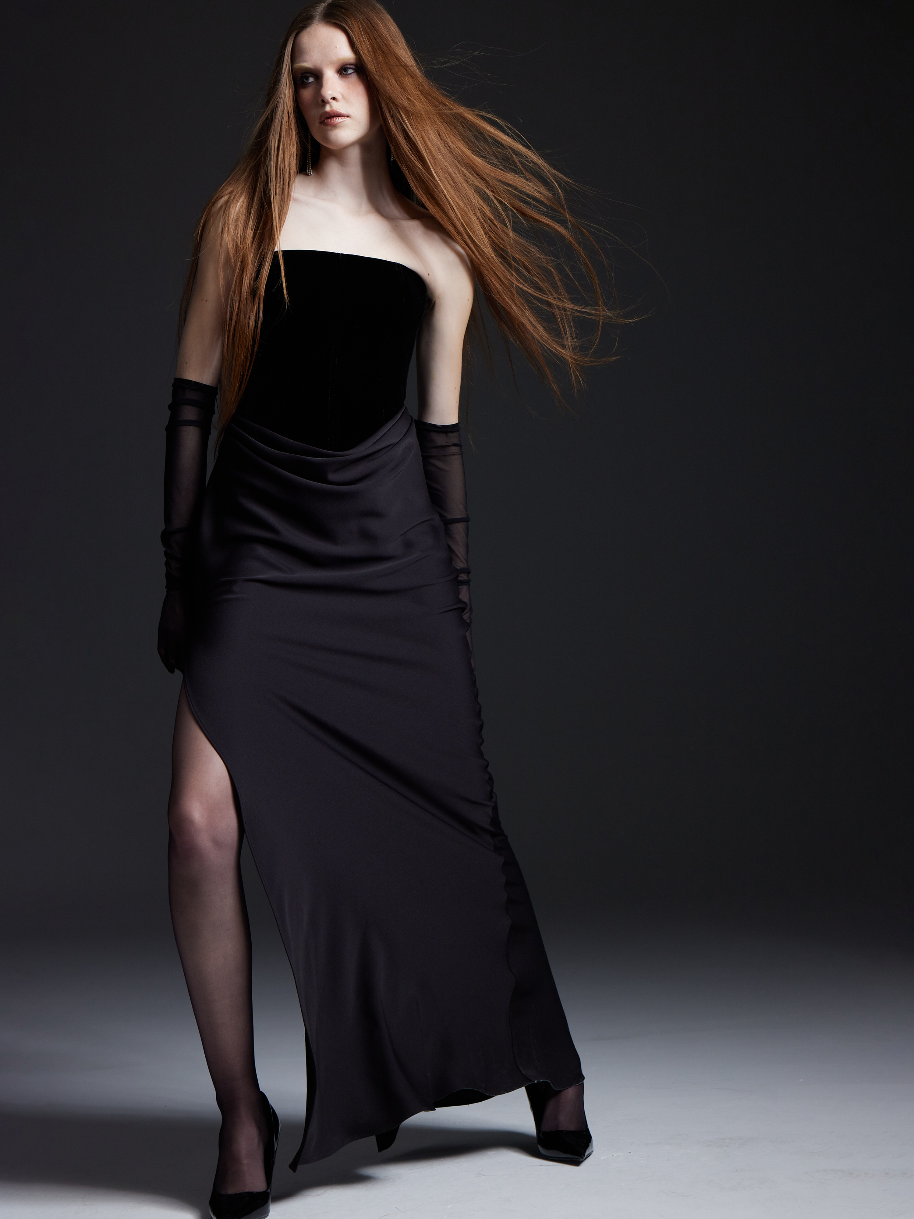 Black Draped Strapless Maxi Dress