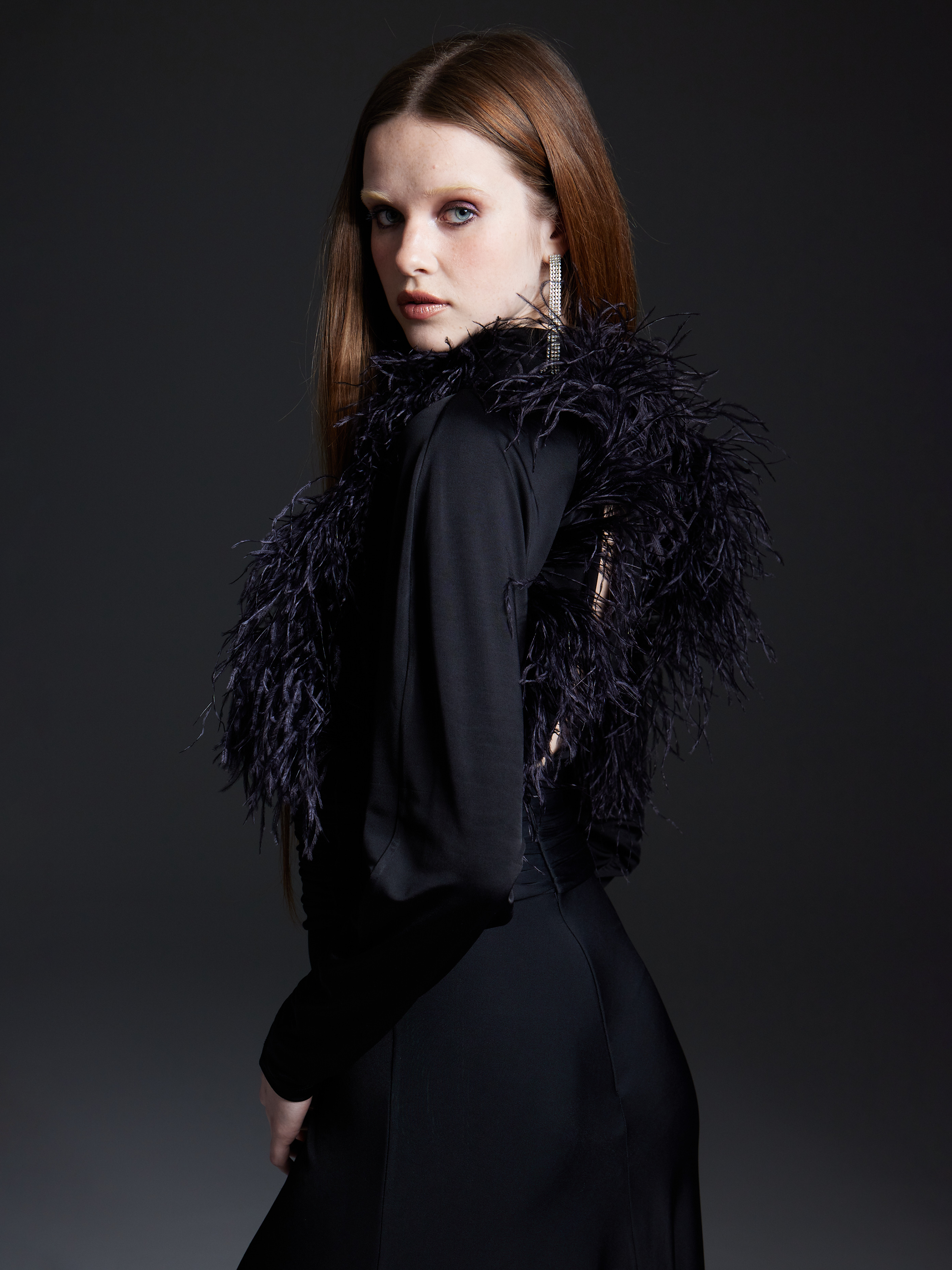 Black Feather-Trimmed Jersey Maxi Dress