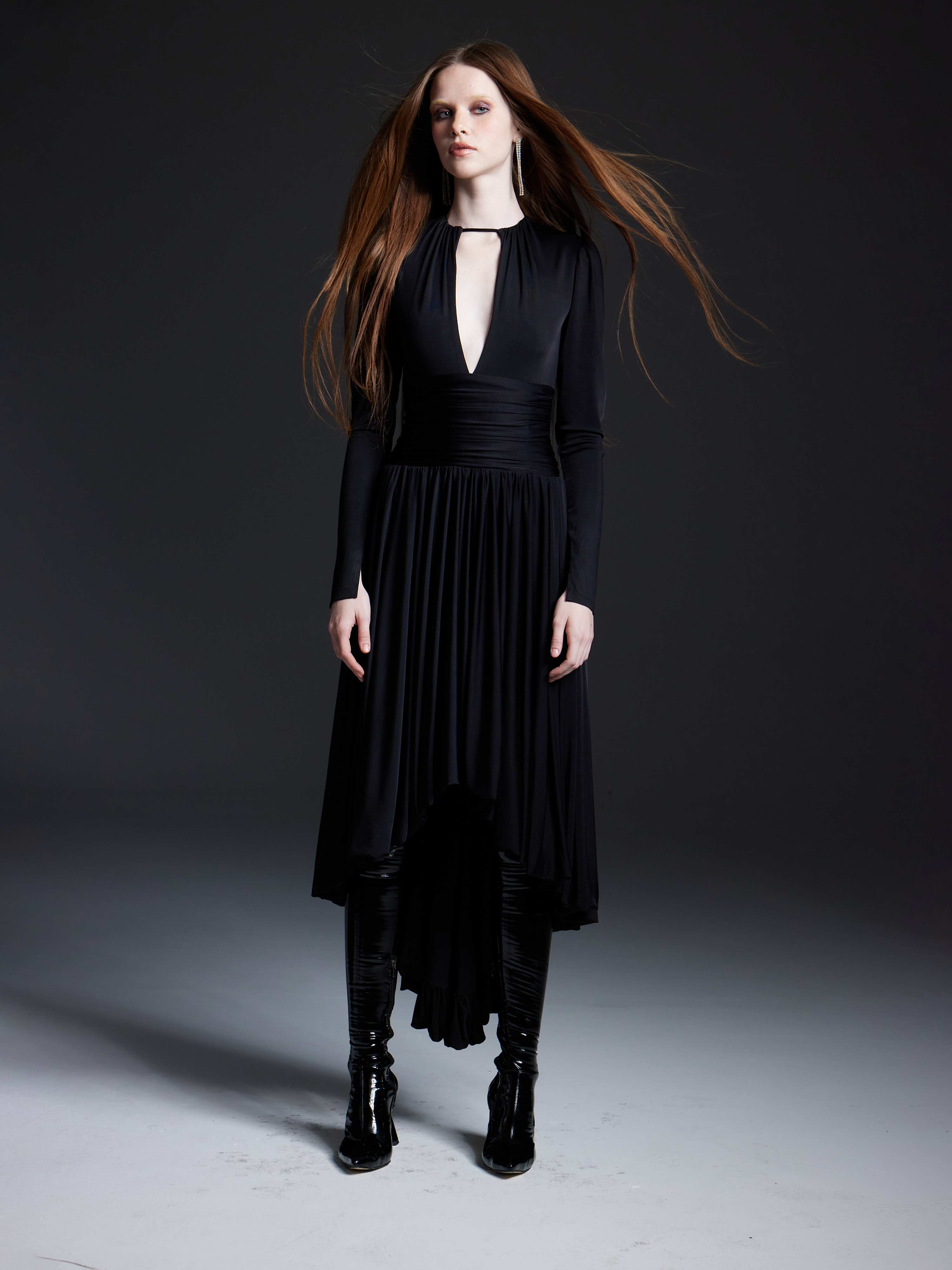 Black Gathered Jersey Midi Dress