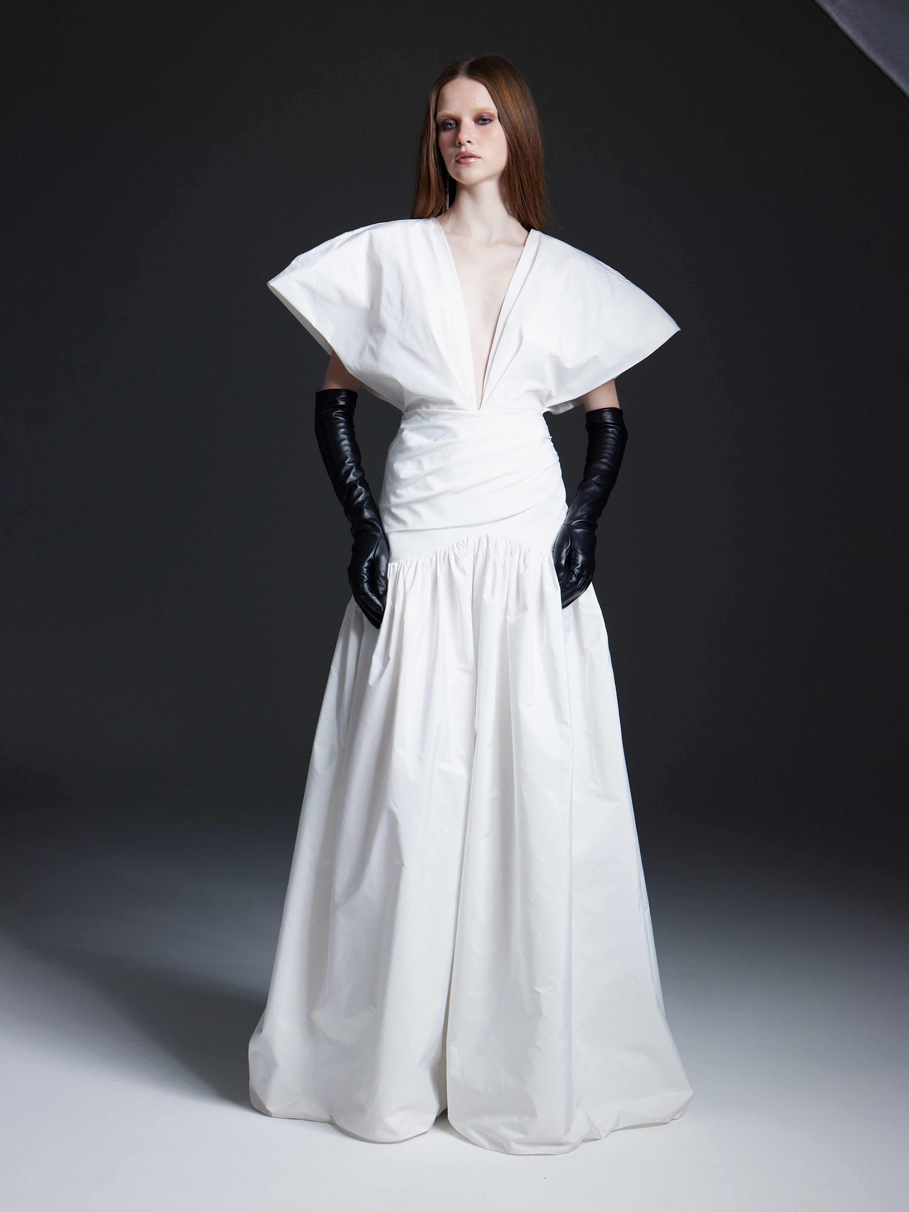 White Cotton-Blend Plunge Gown