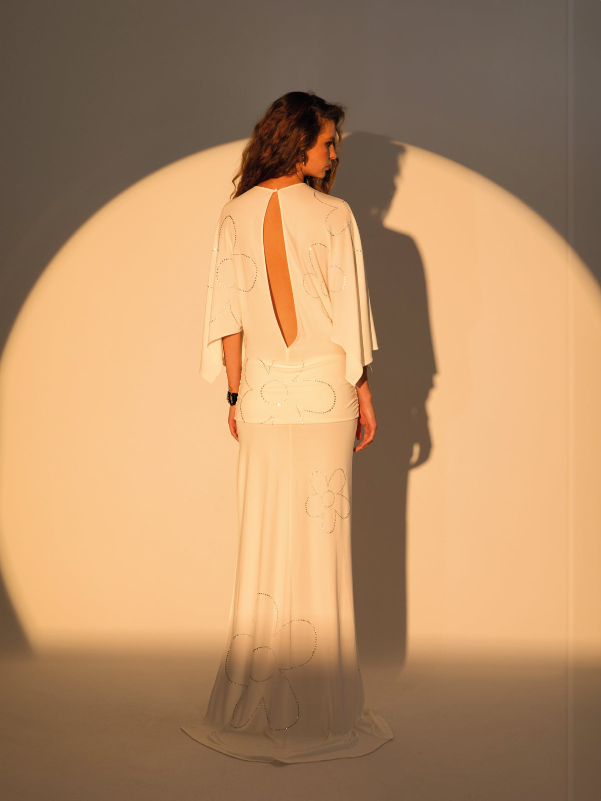 White Crystal printed jersey betwing sleeve maxi dress