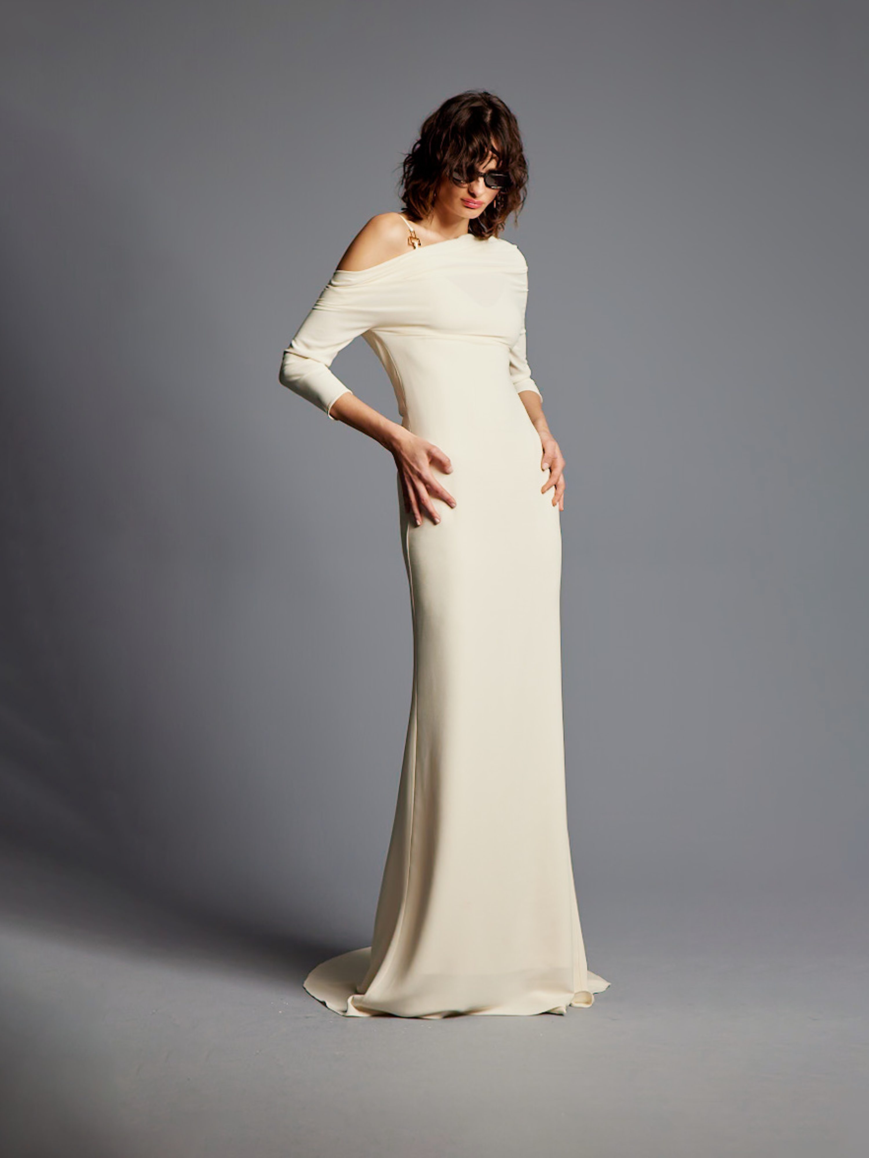 Cream Asymmetric Neck Jersey Dress