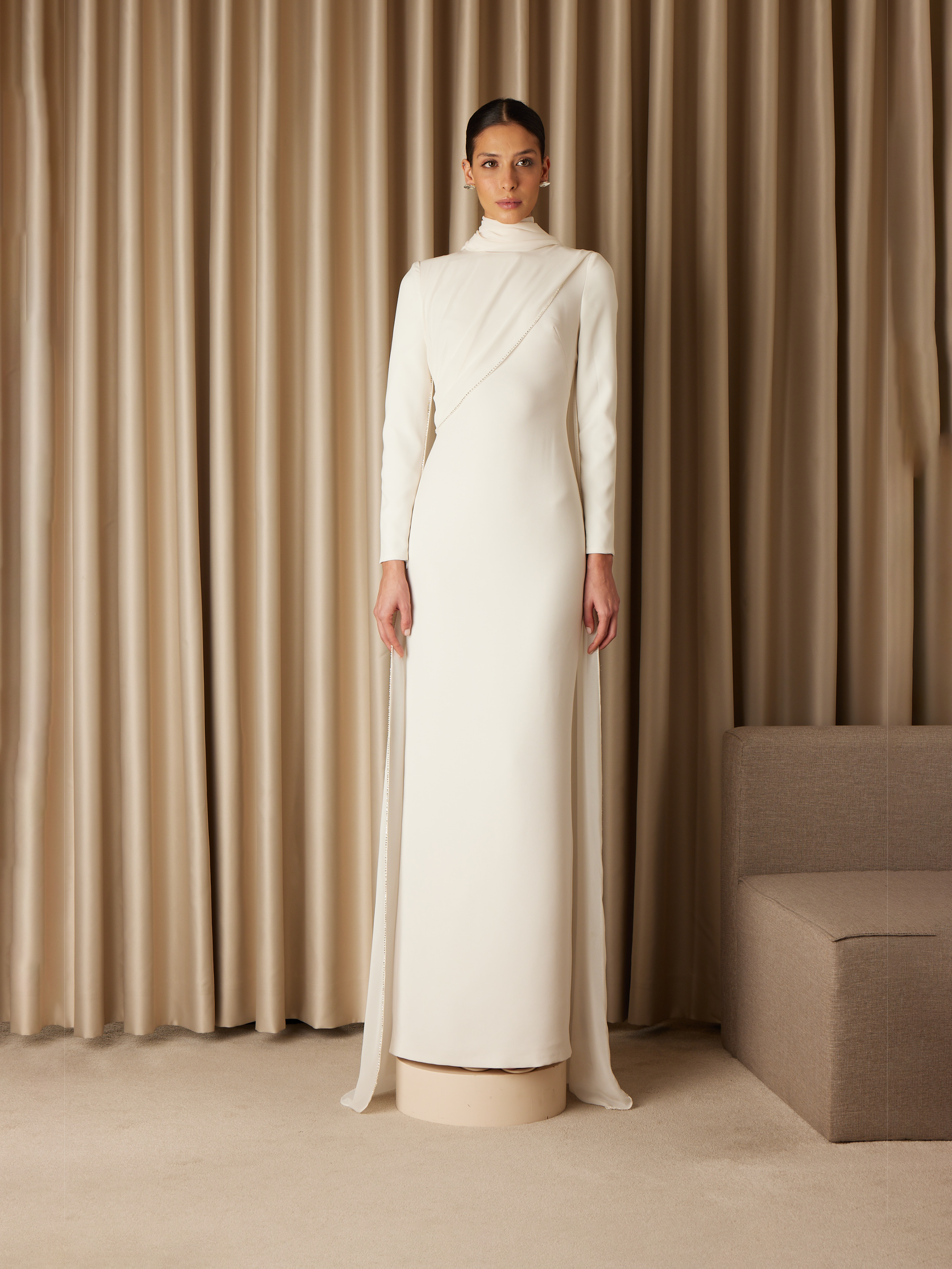Ecru High-Neck Draped Crepe Gown