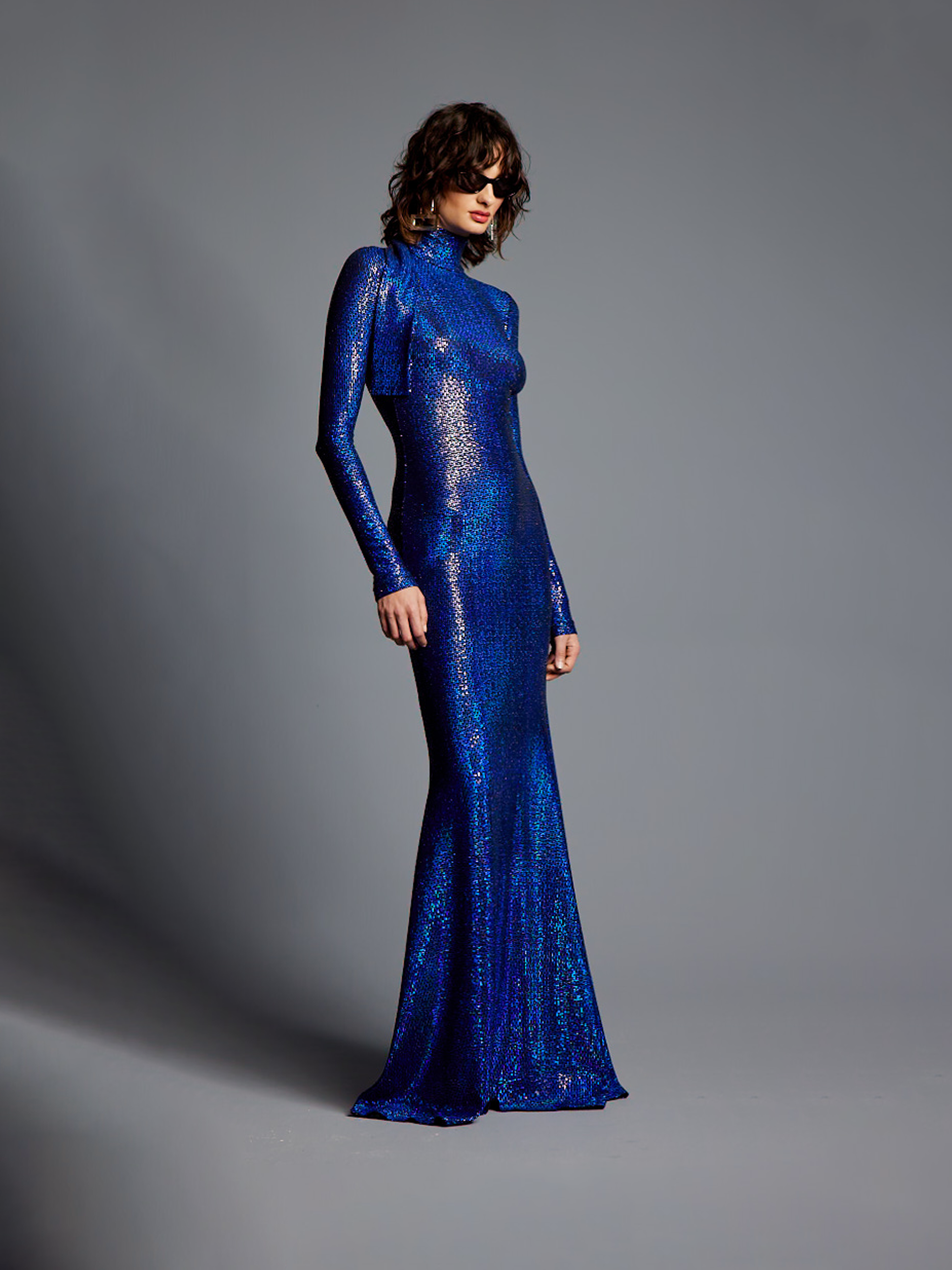 Blue metallic jersey gown
