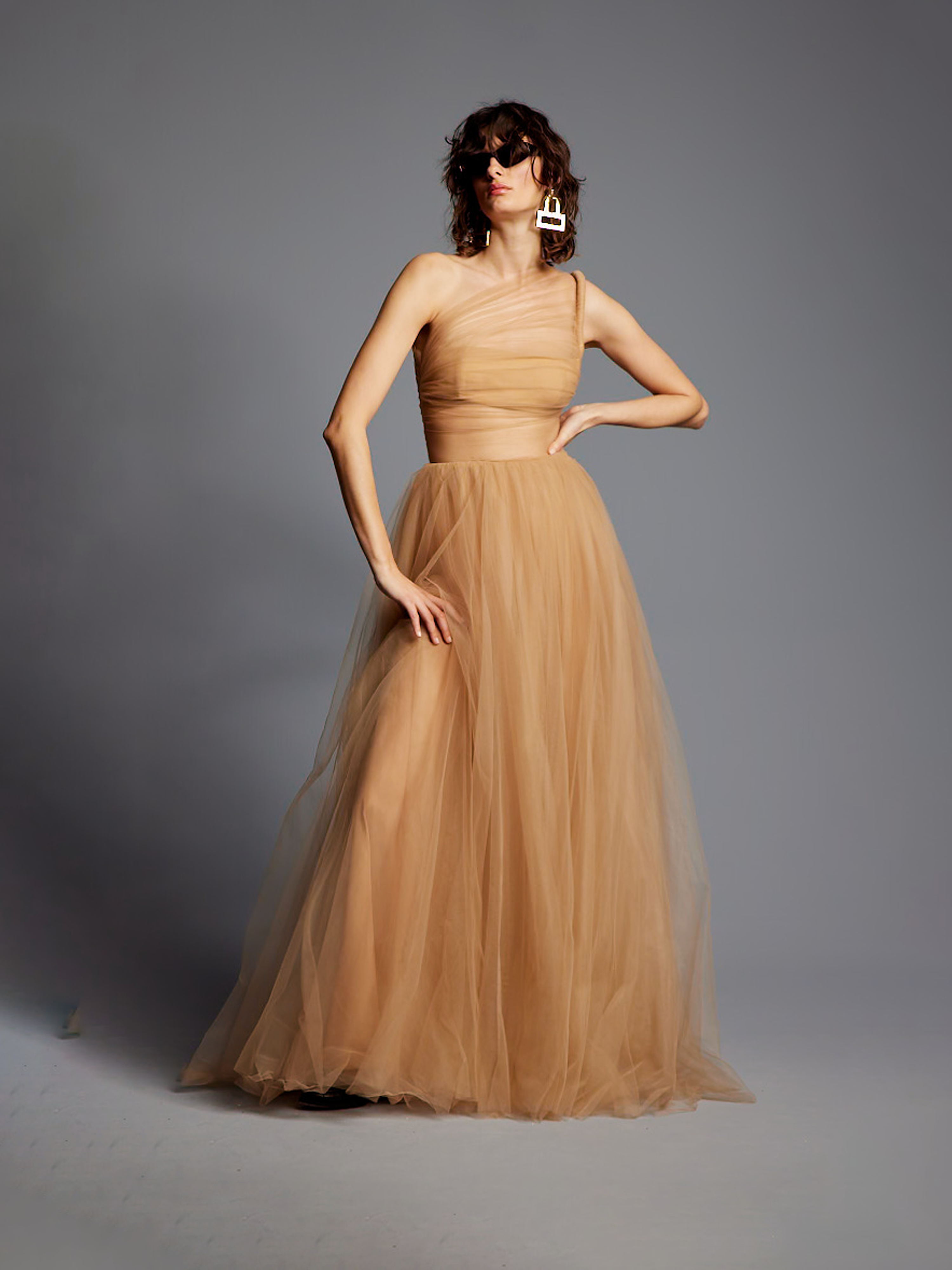 Nude Tulle One-Shoulder Dress
