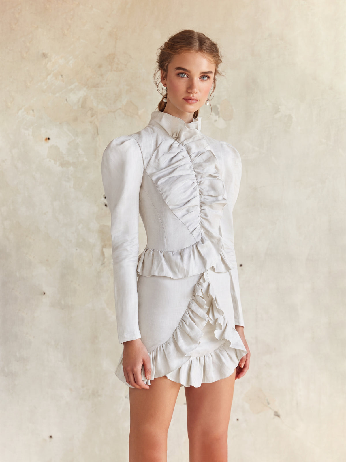 White Ruffled High-Neck Linen Mini Dress
