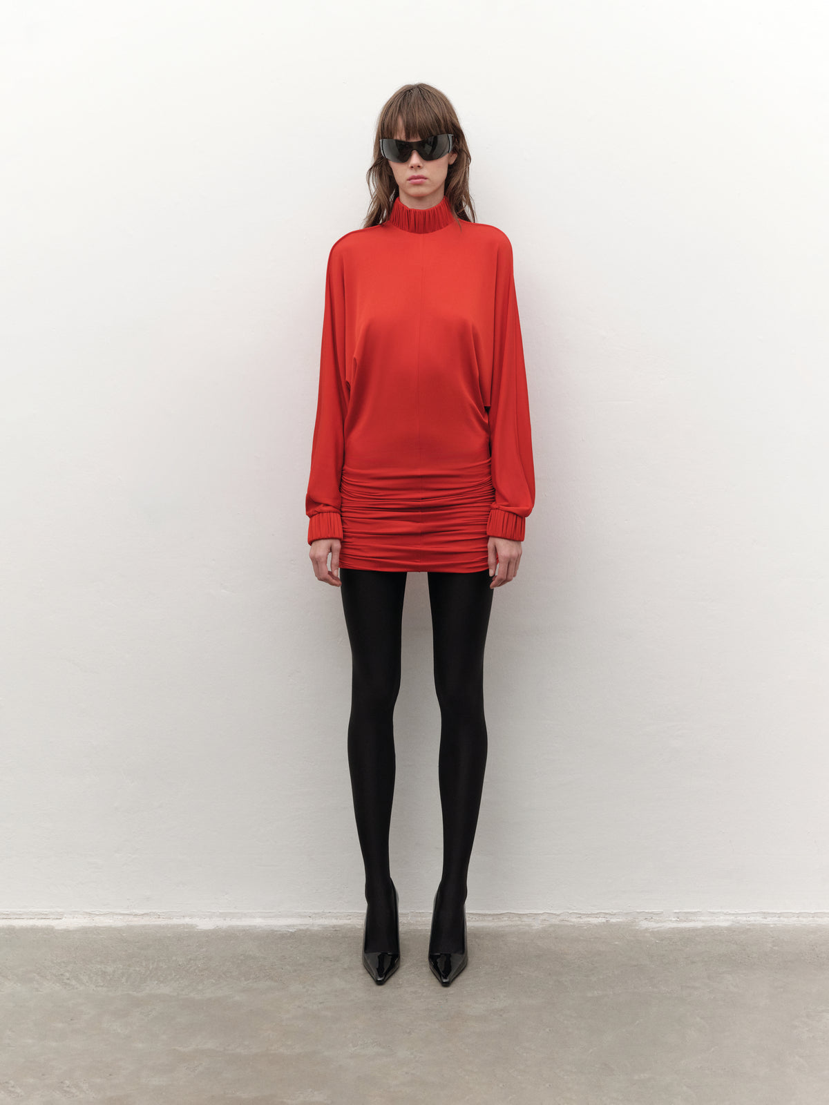 Drape-detailed high-neck batwing sleeve dress