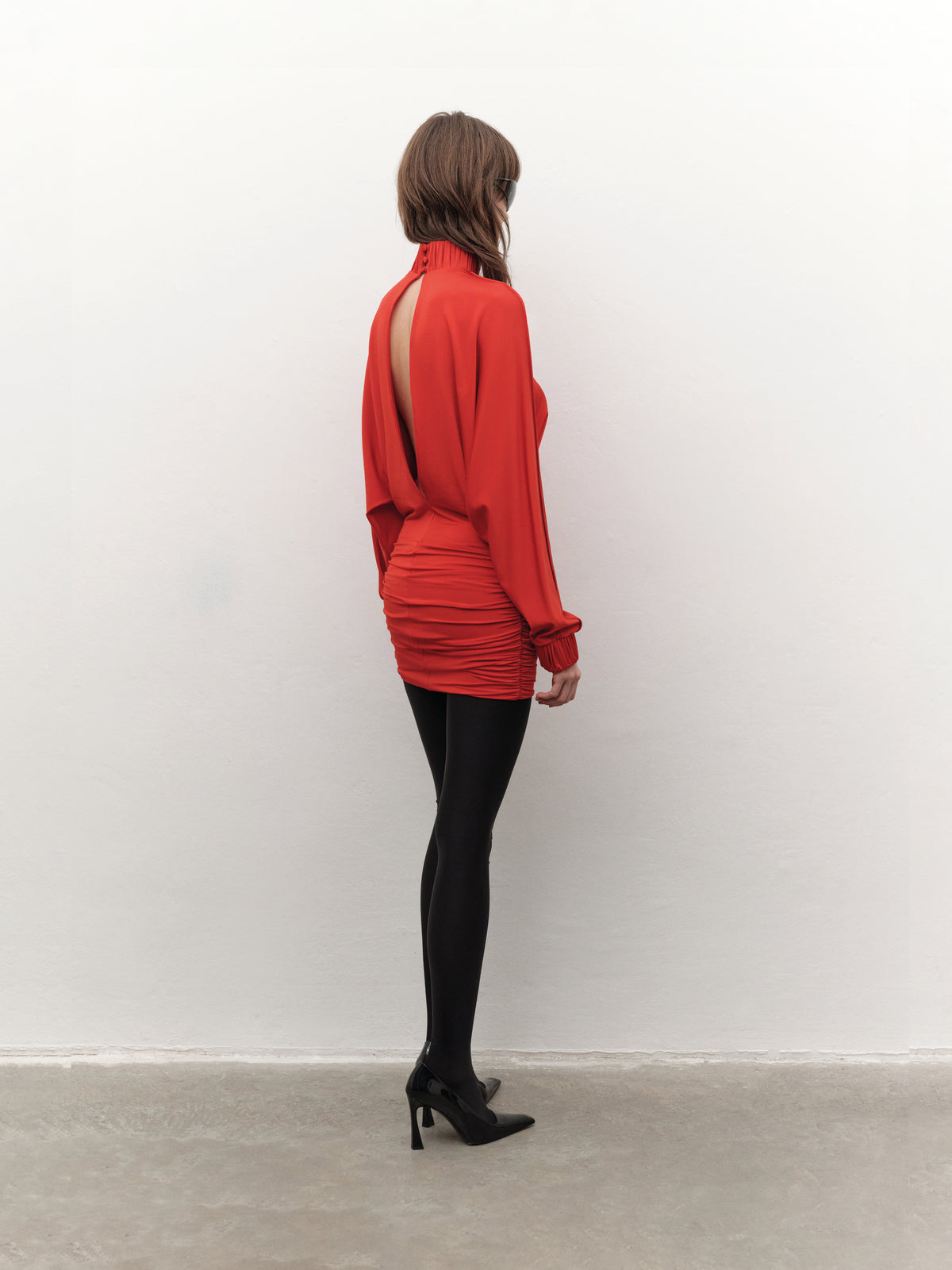 Drape-detailed high-neck batwing sleeve dress