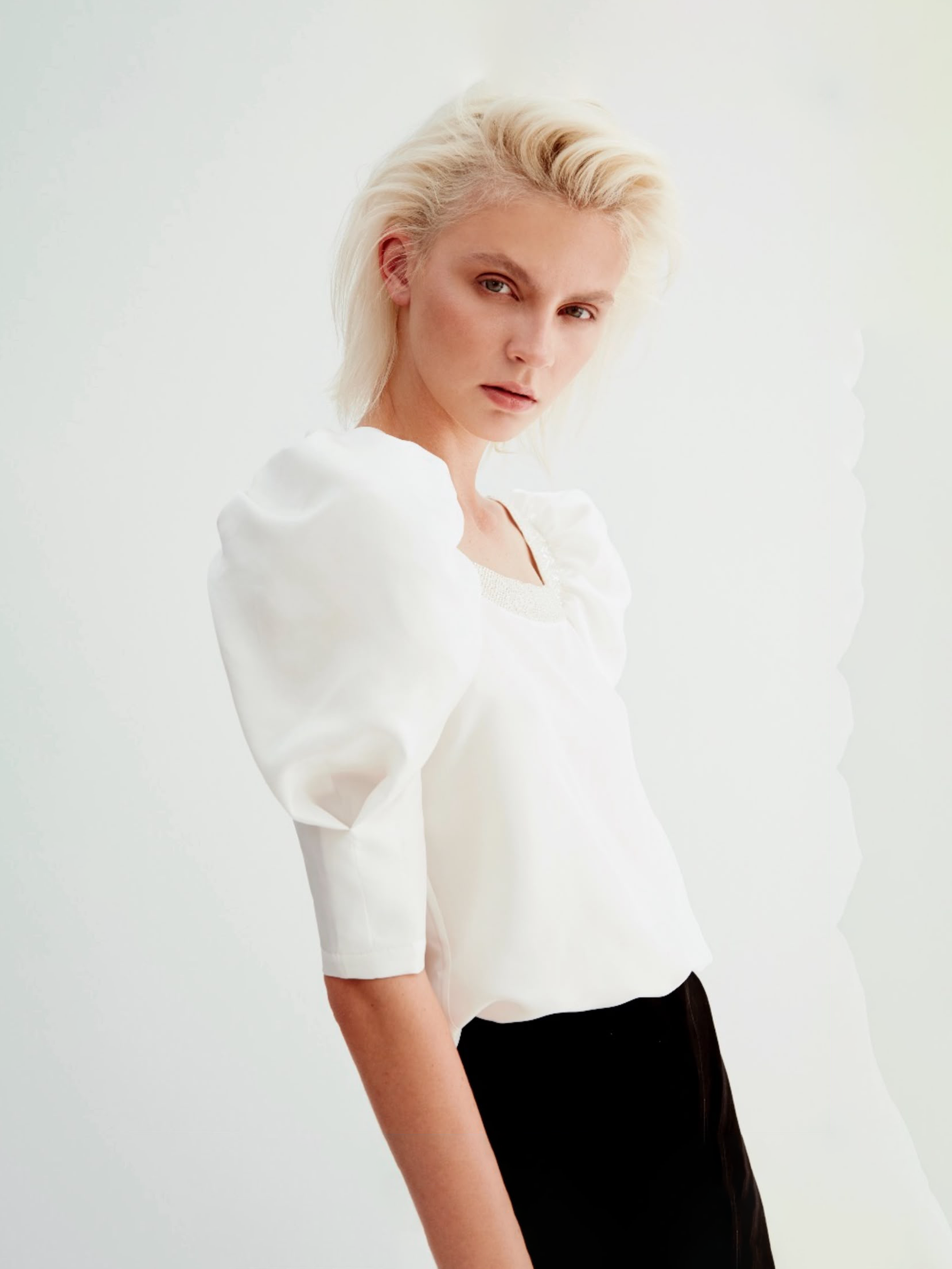 White Puff-Sleeve Silk Blouse