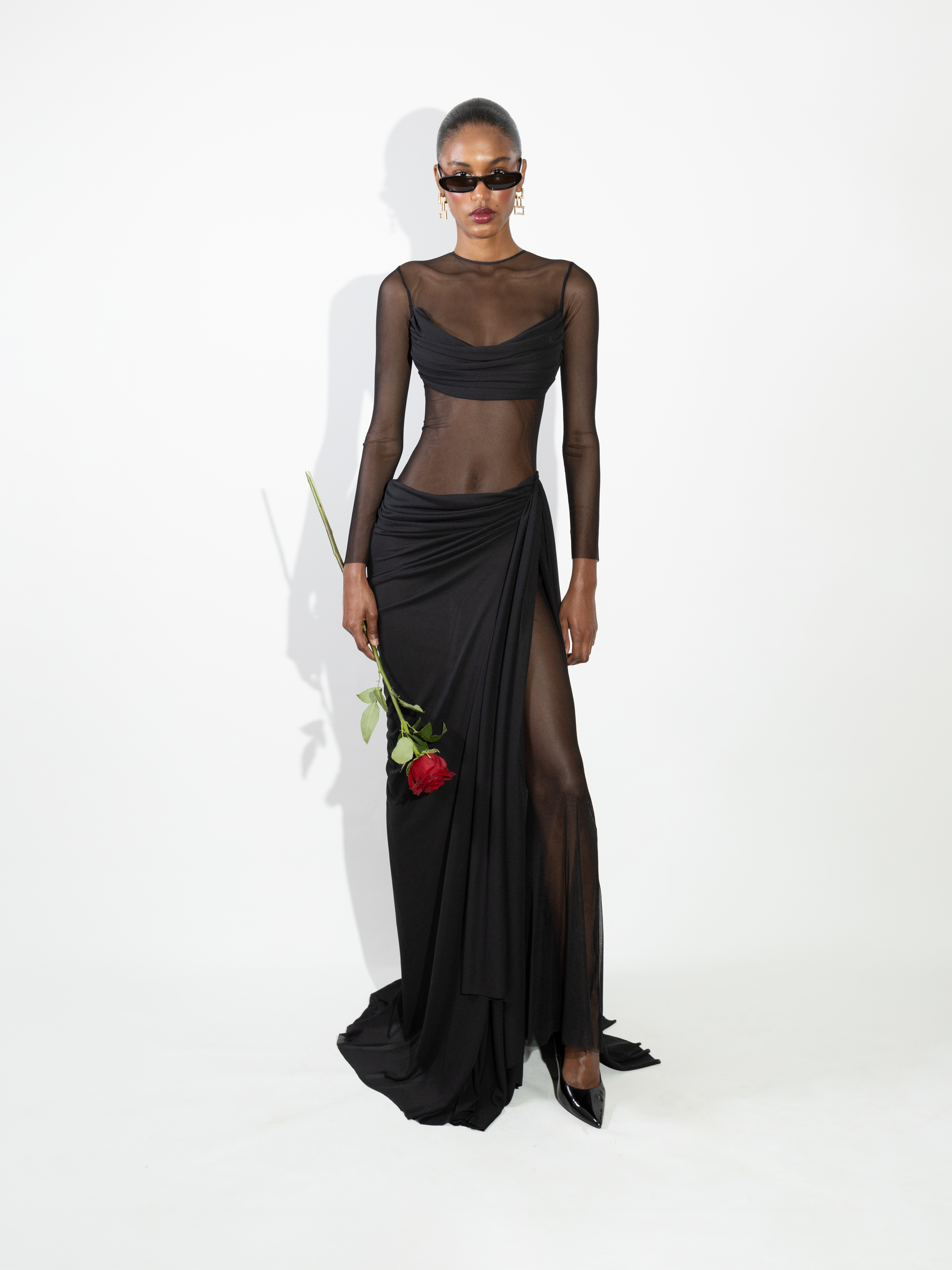 Black Sheer Draped Jersey Maxi Dress