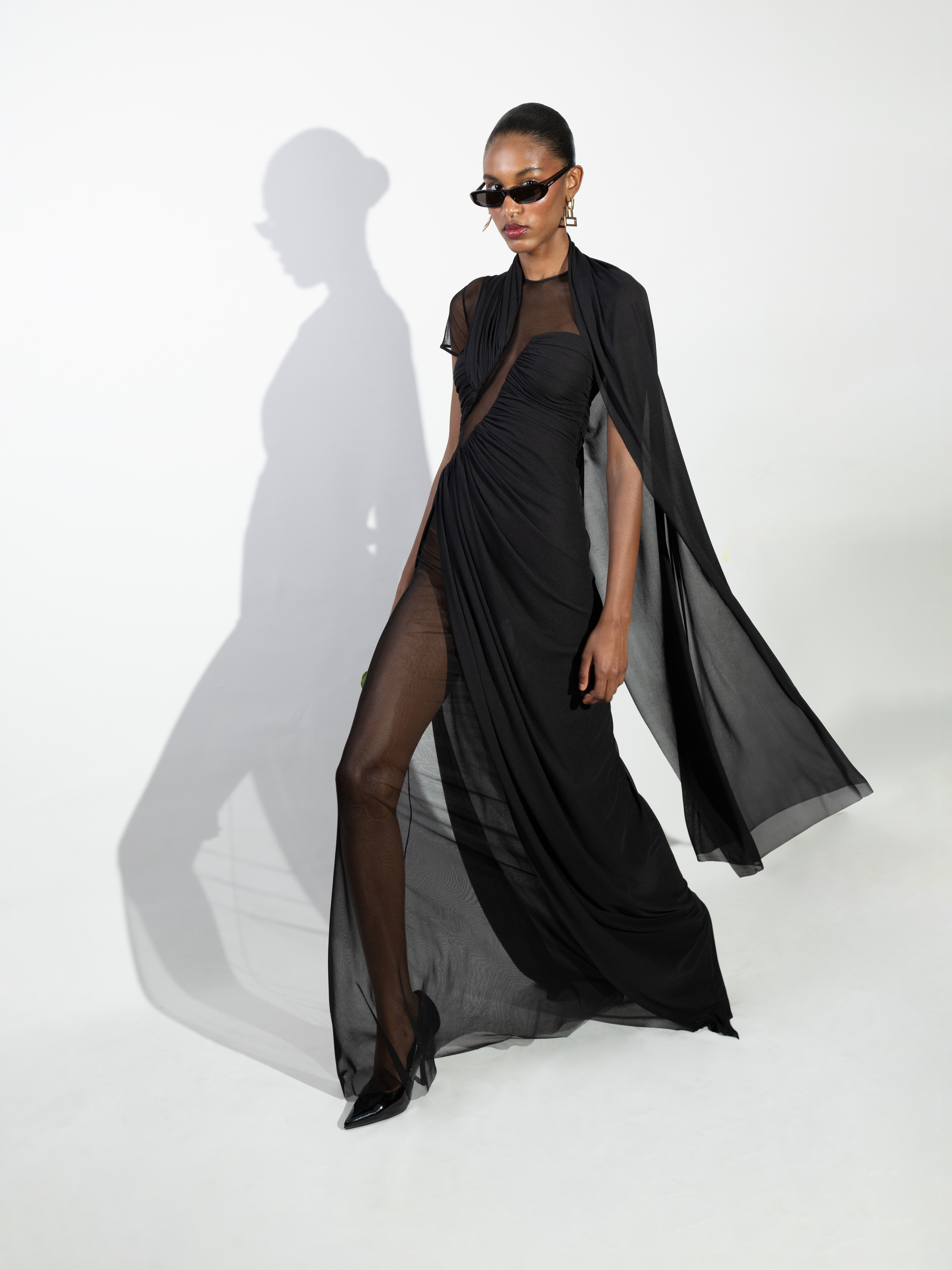 Black Sheer Cape Draped Maxi Dress
