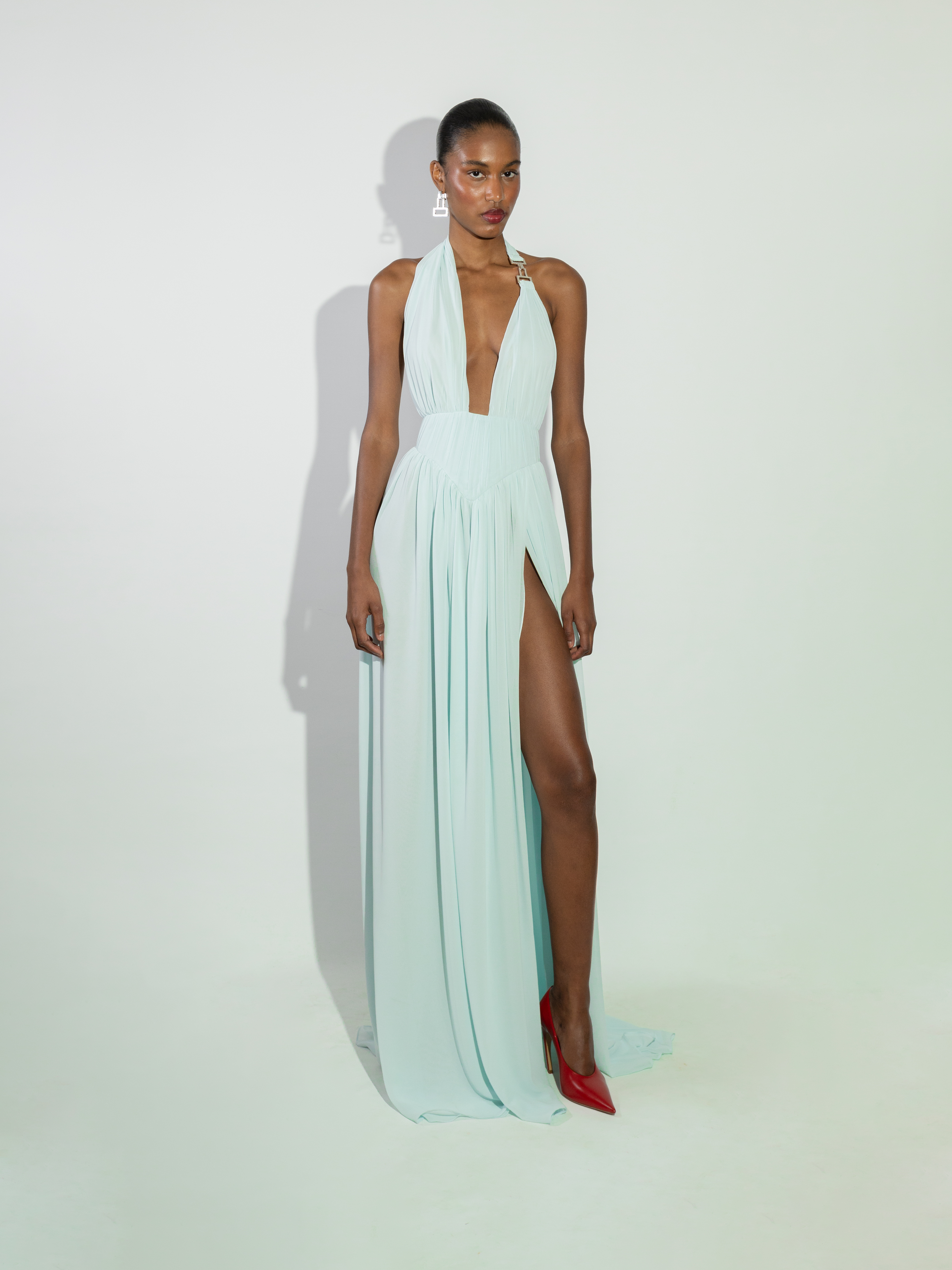 Mint Pleated Halter-Neck Chiffon Gown