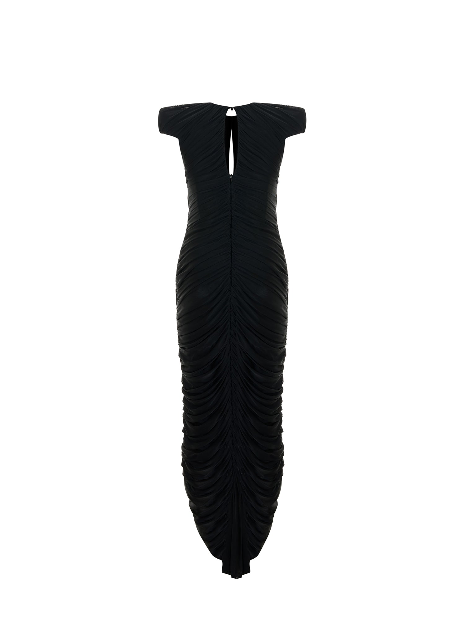 Sculptural-shoulder Draped Maxi Dress in Black