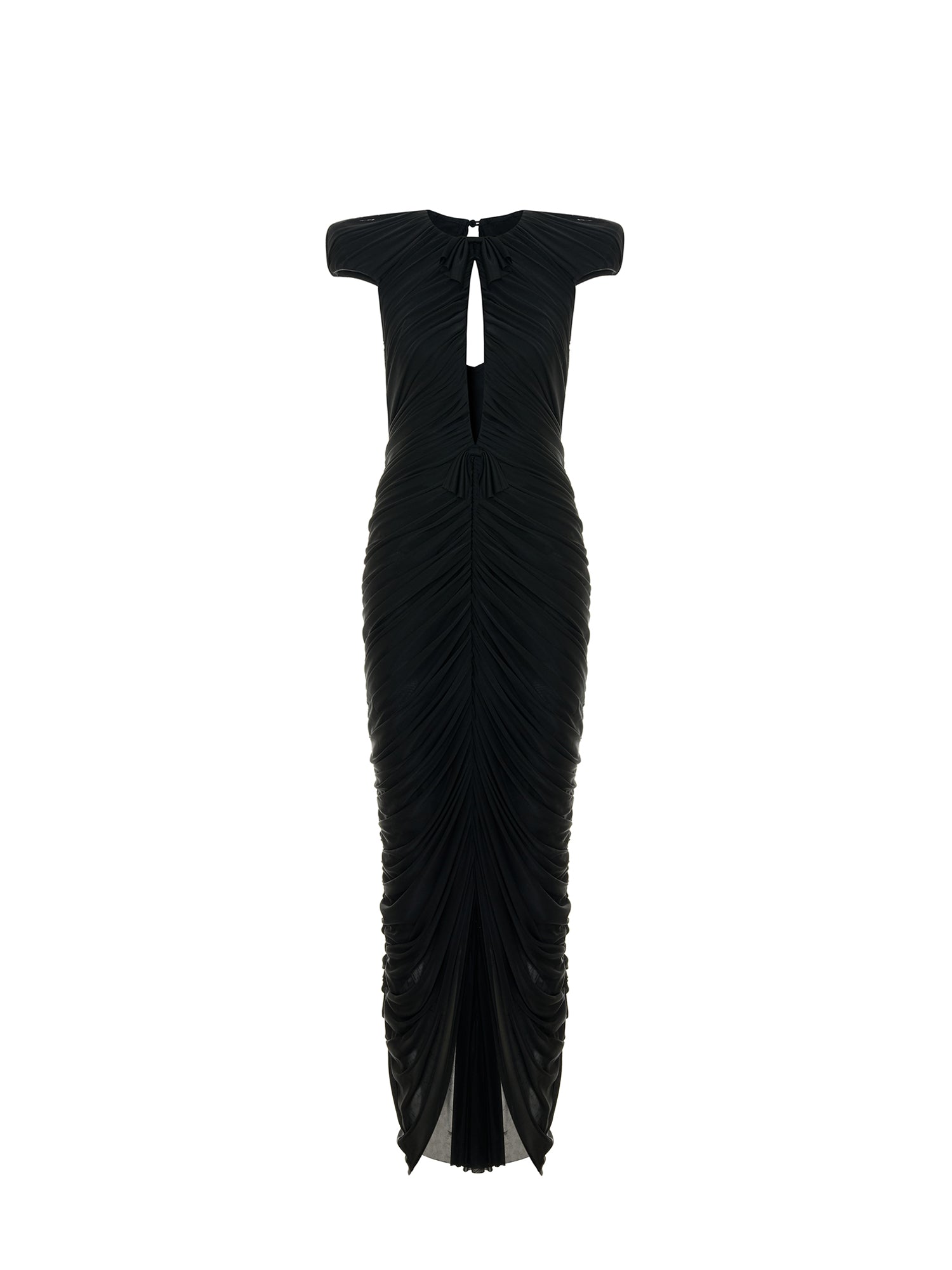 Sculptural-shoulder Draped Maxi Dress in Black