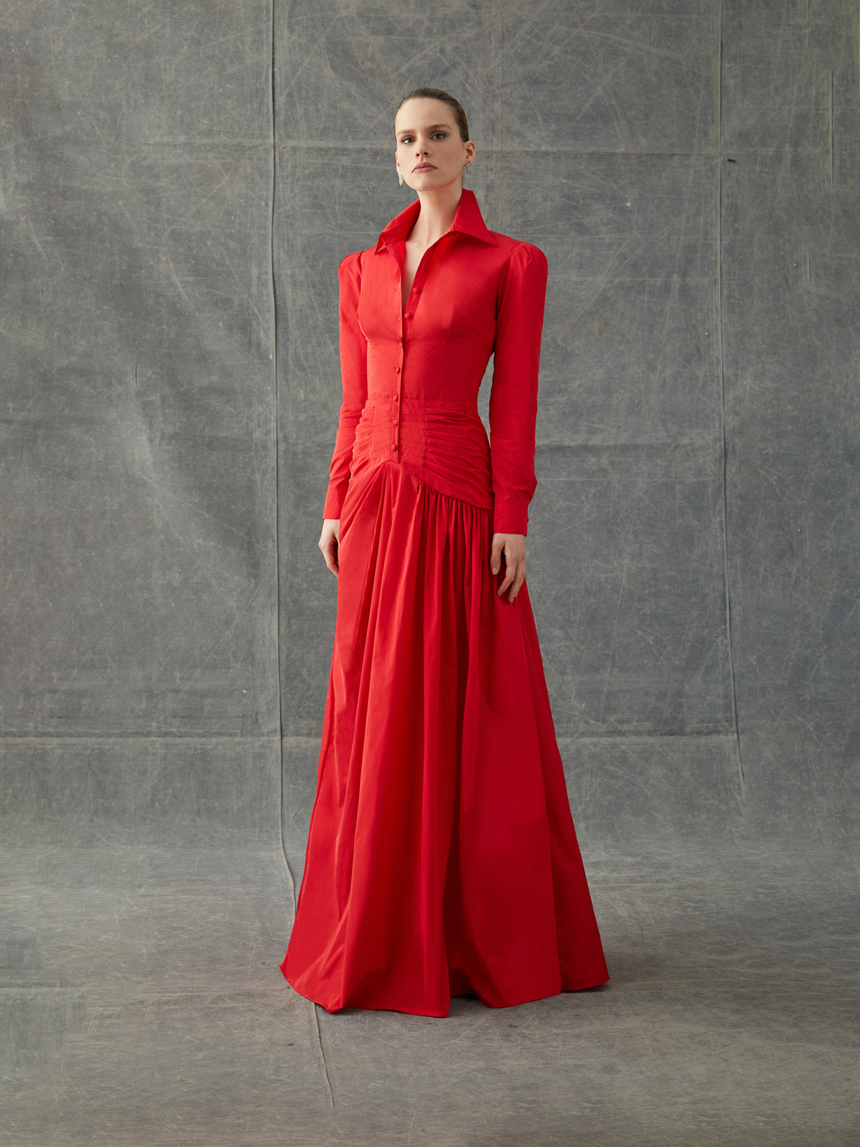 Red Gathered Silk Shirt Gown
