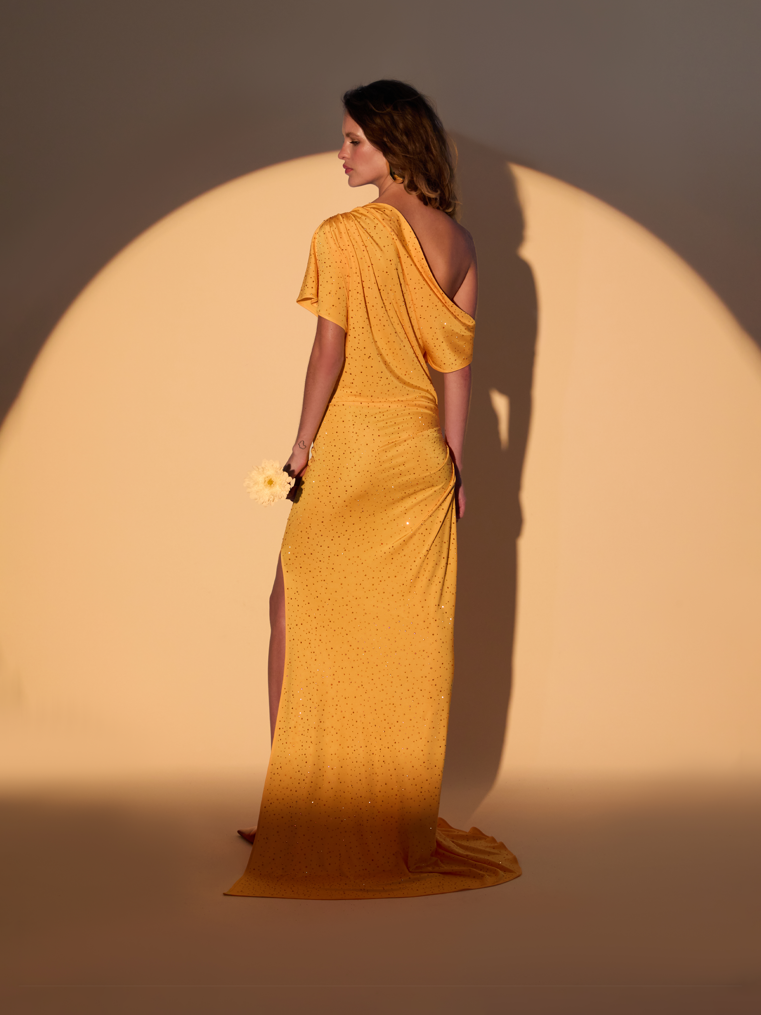 Orange Crystal-Embellished One-Shoulder Jersey Gown
