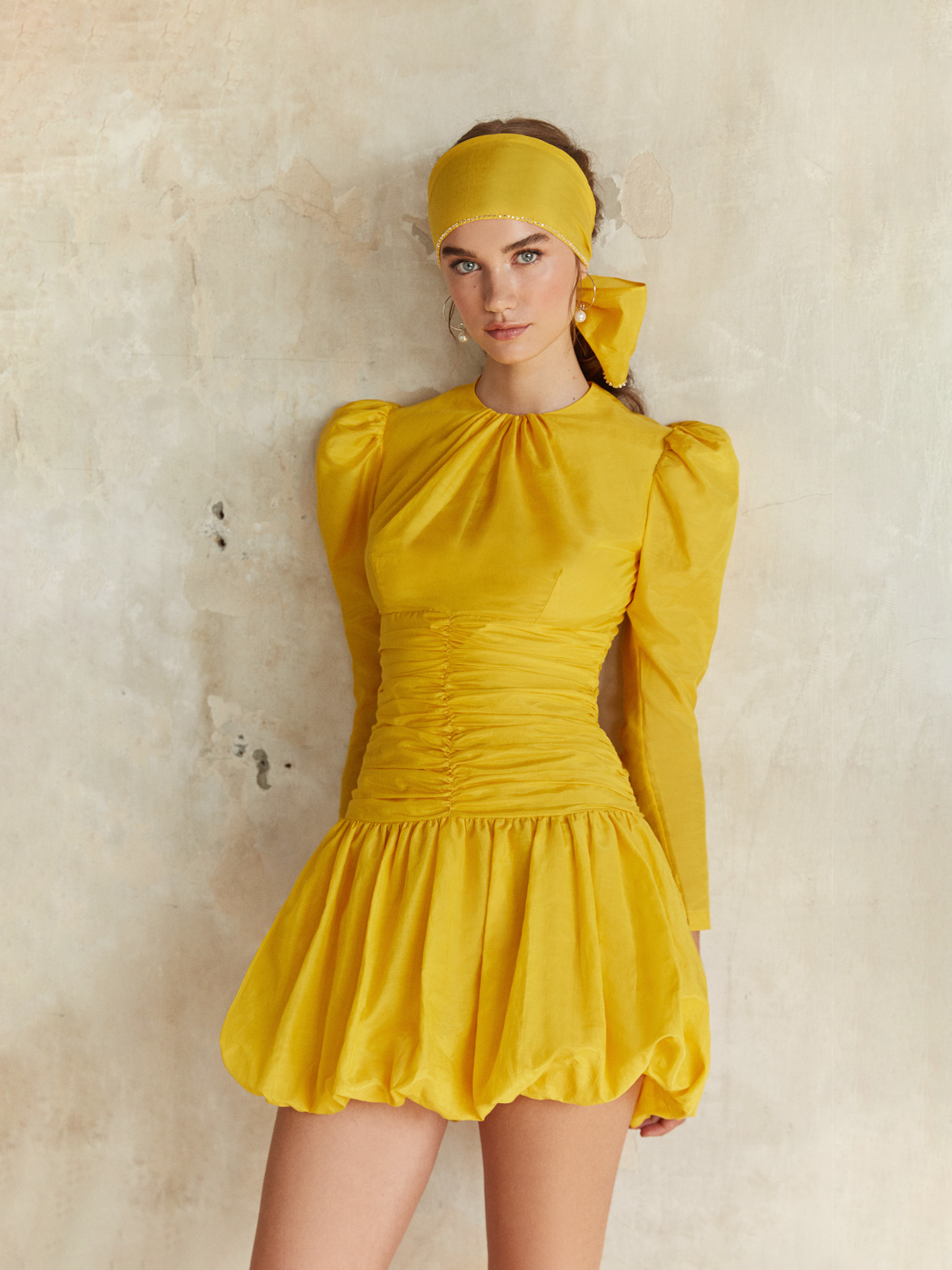 Yellow Puff-Sleeve Ruched Mini Dress