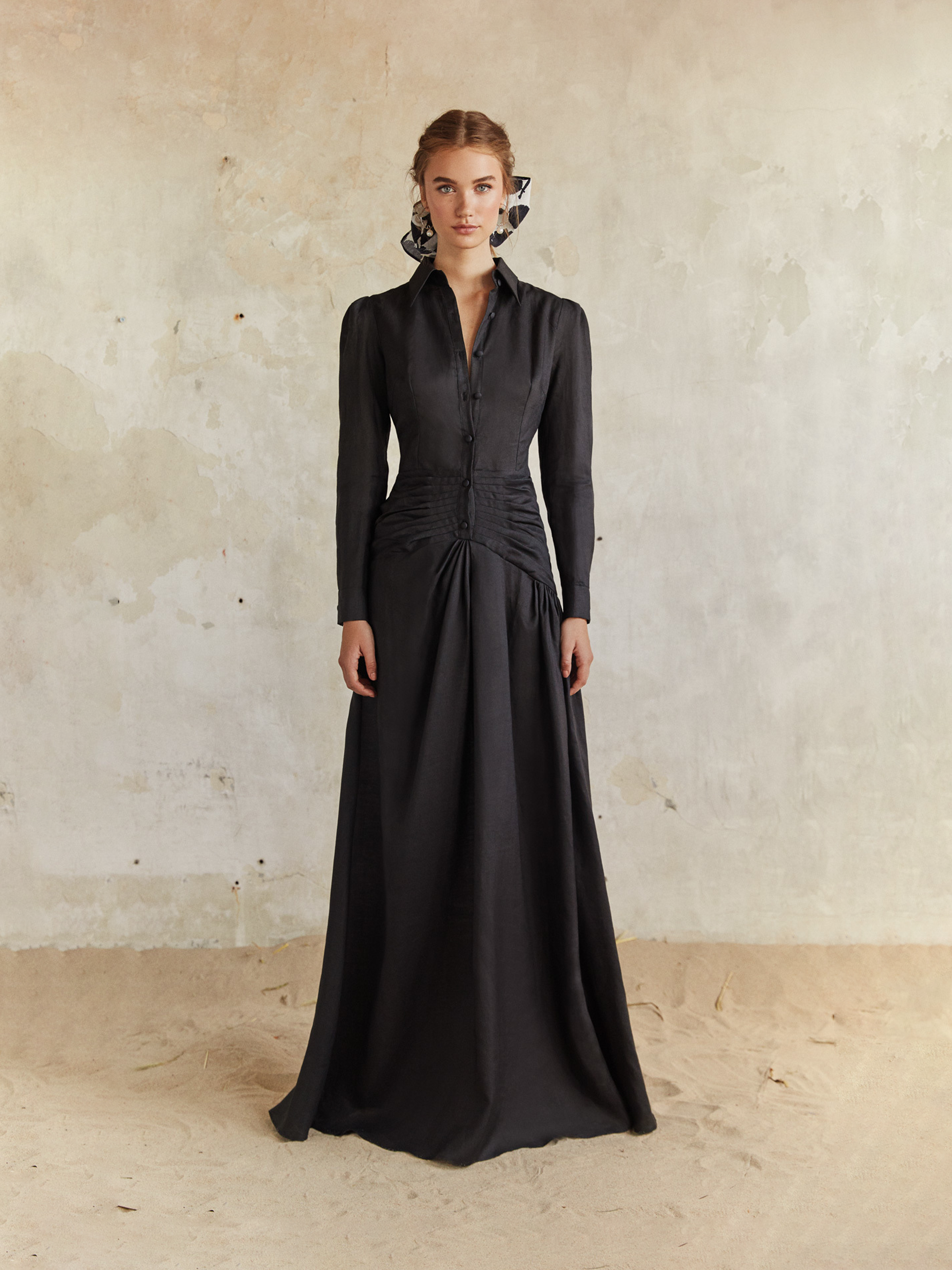Black Gathered Shirt-Style Maxi Dress