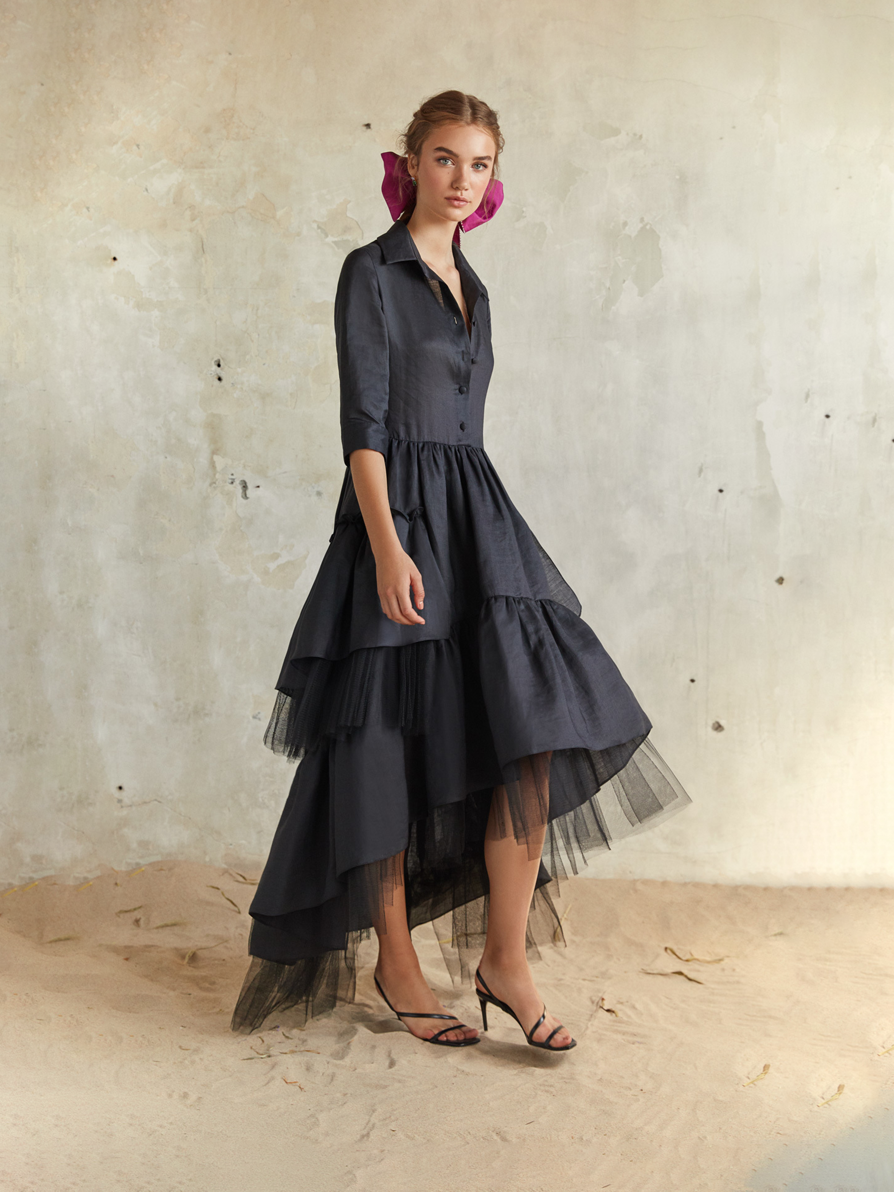 Black Asymmetric Tulle-Trim Midi Dress