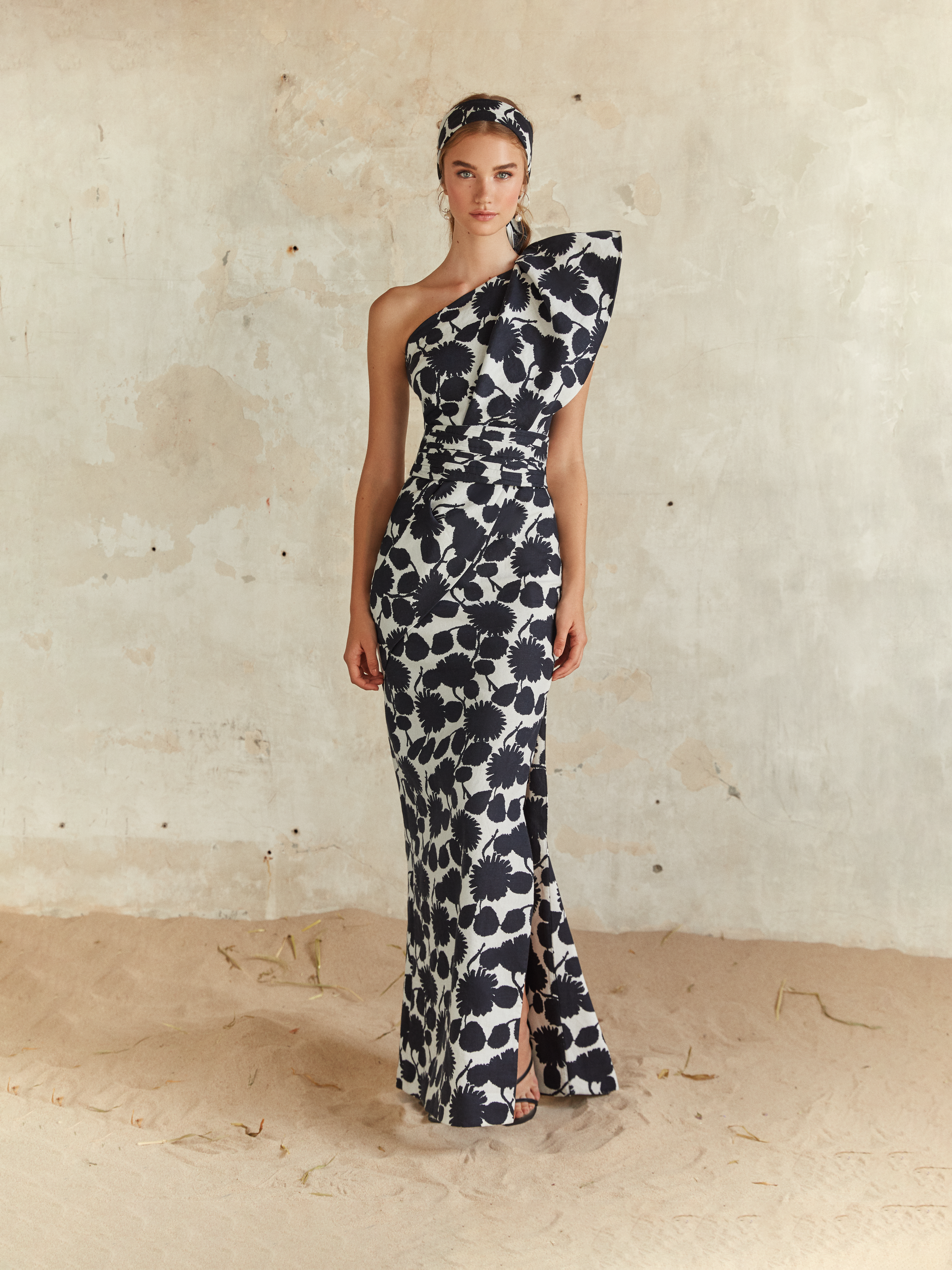 Black Asymmetric Linen-Pattern Maxi Dress