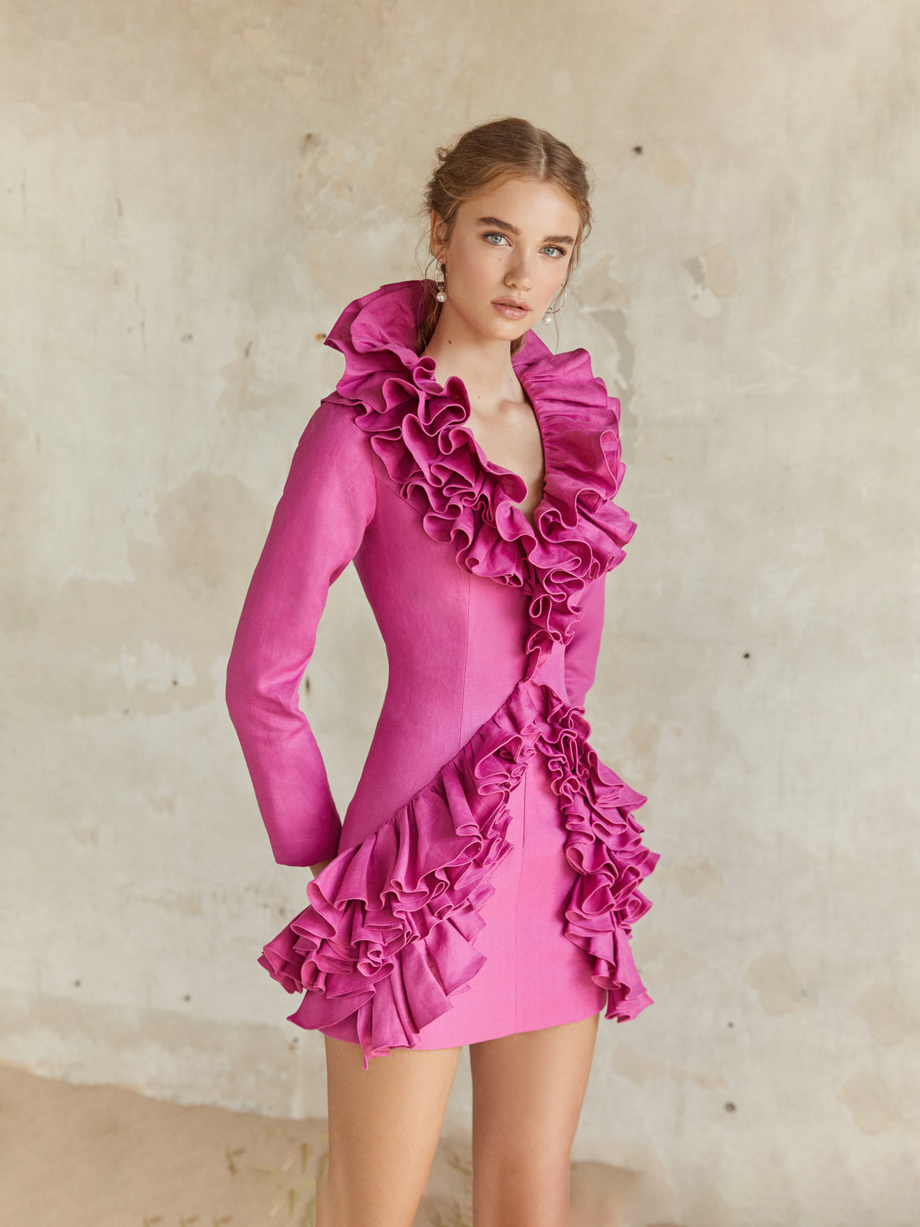 Pink Cascading Ruffled Linen Mini Dress