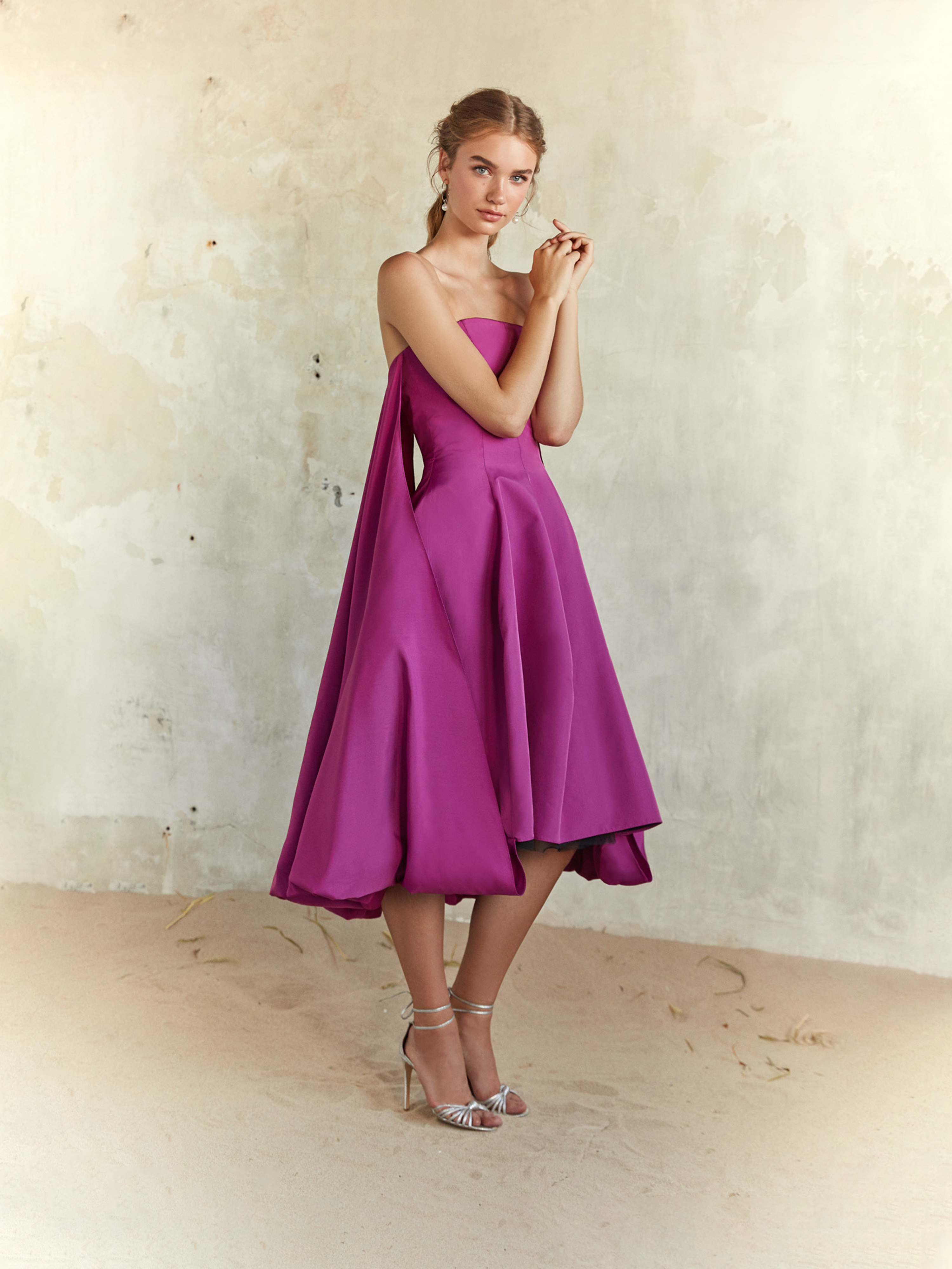 Pink Strapless Voluminous Midi Dress