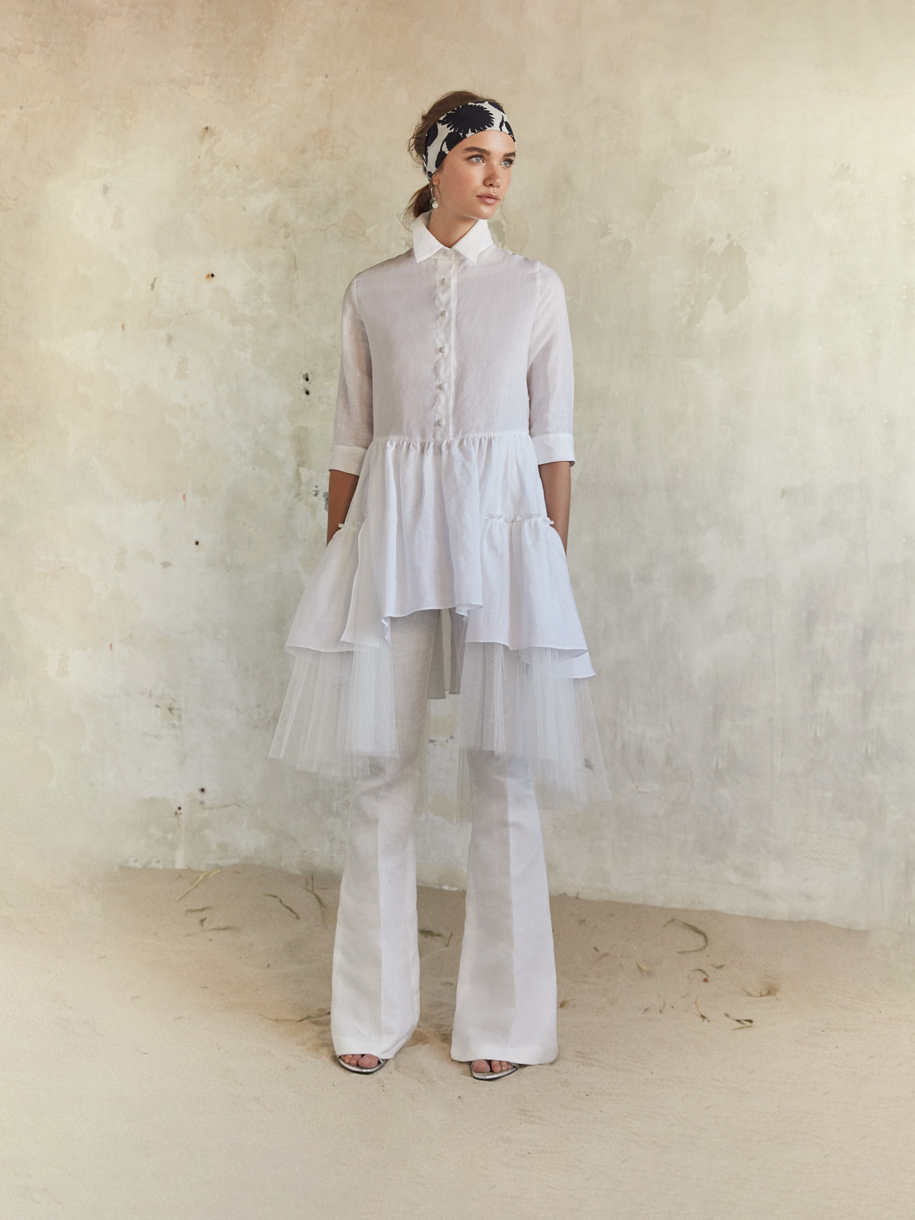 White Tulle-Trimmed Linen  Top