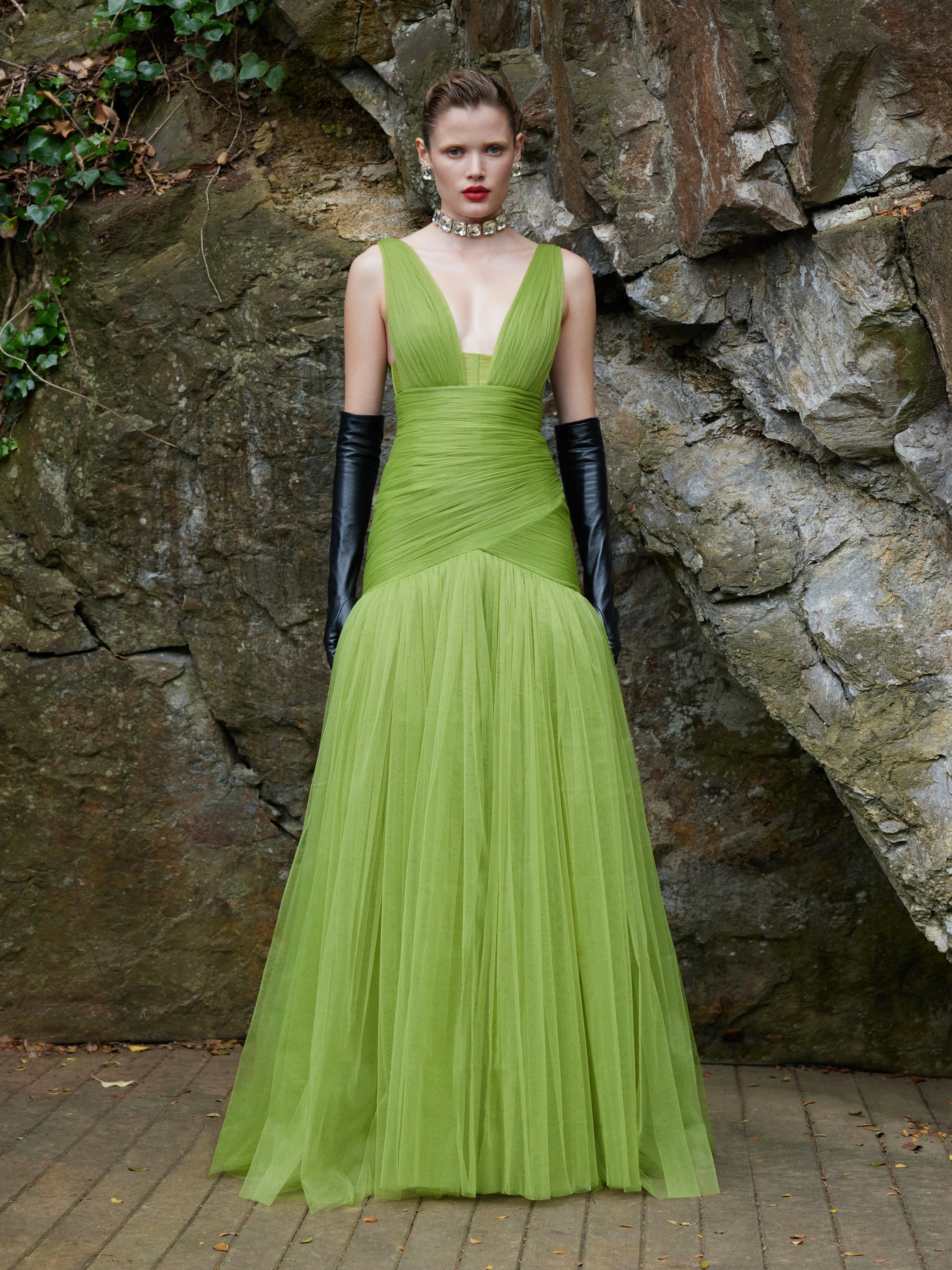 Green Draped Tulle Maxi Dress