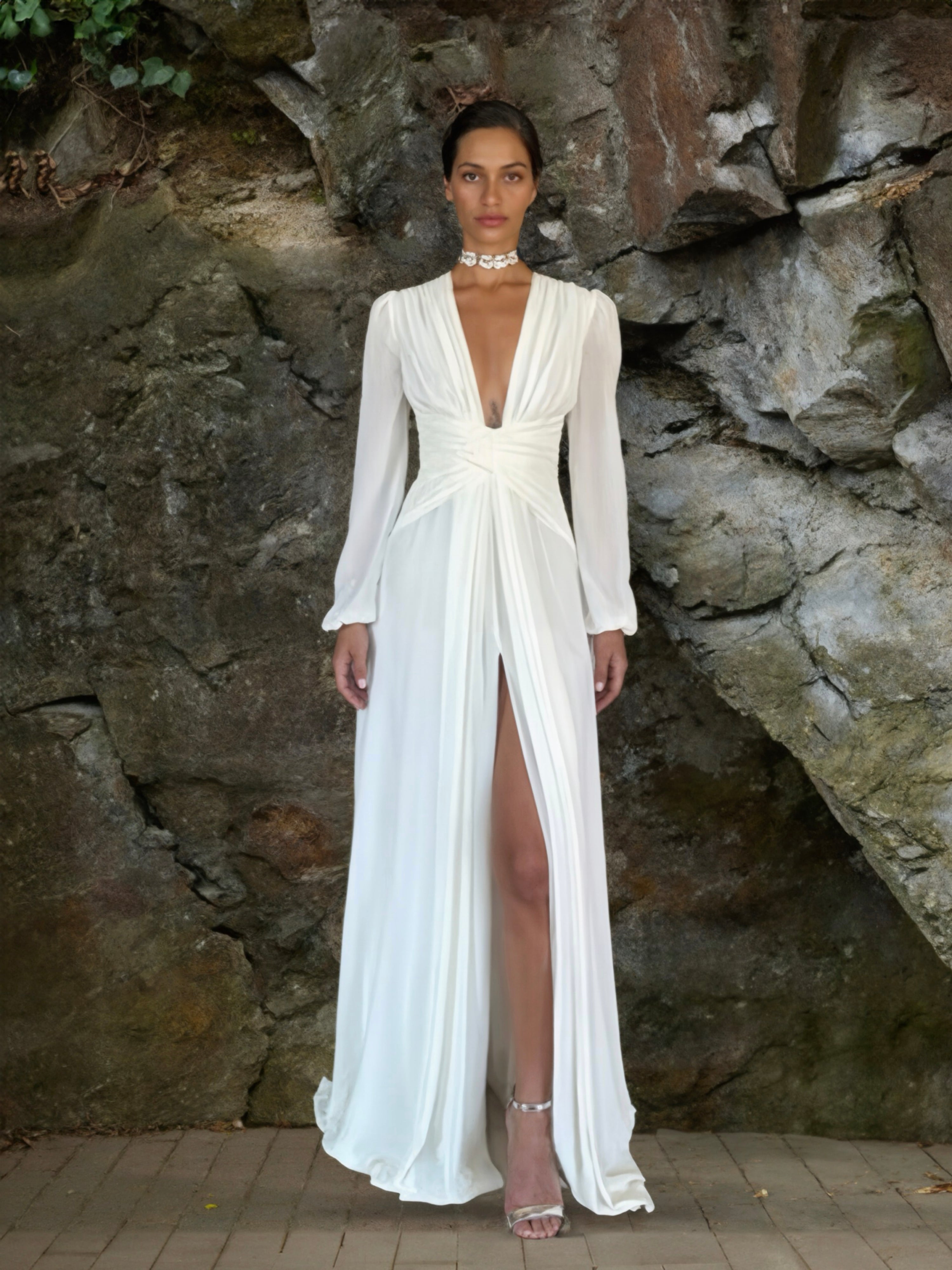 White Pleated Long Sleeve Maxi Dress
