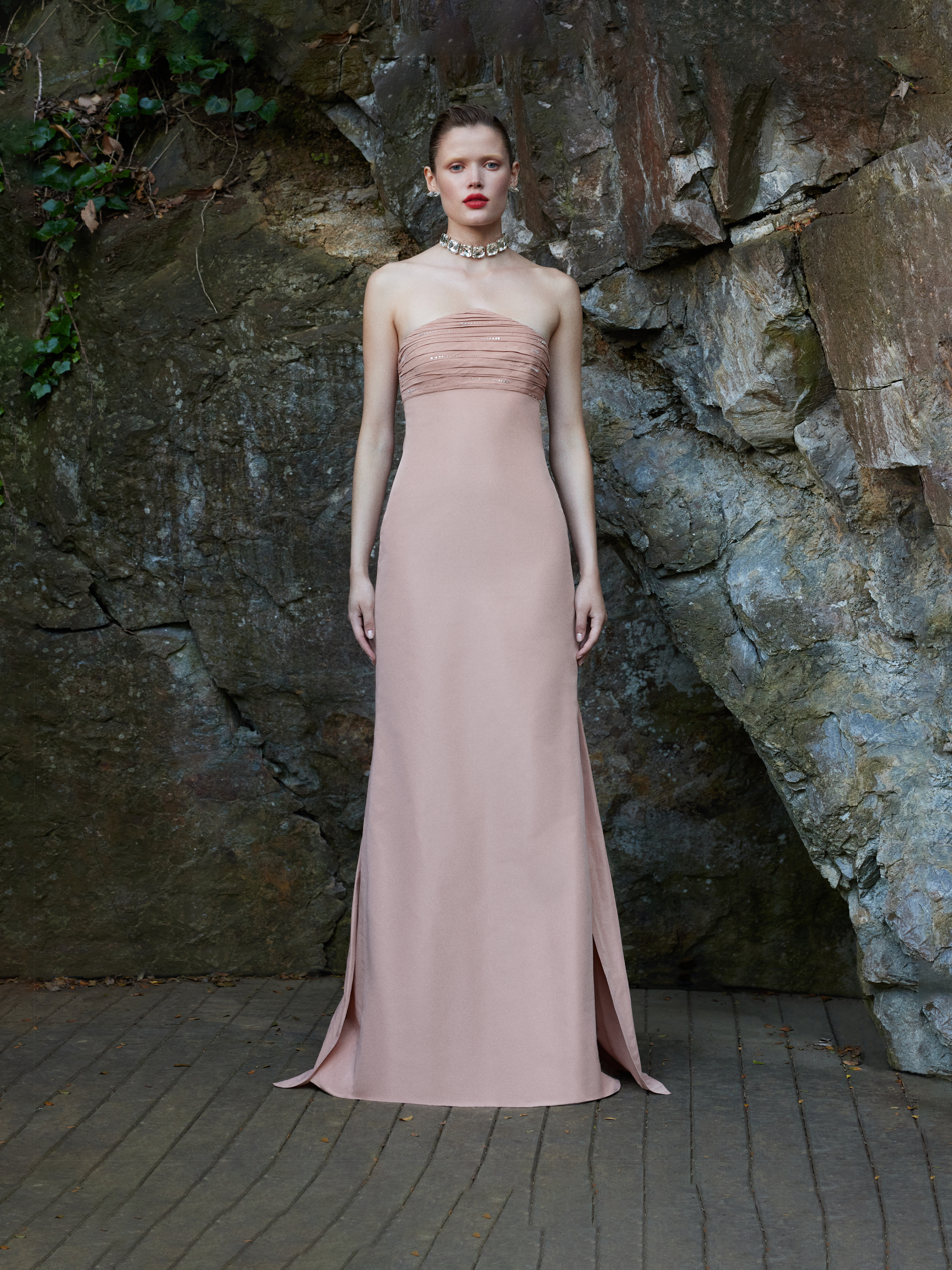 Dusty Rose Strapless Embellished Maxi Dress