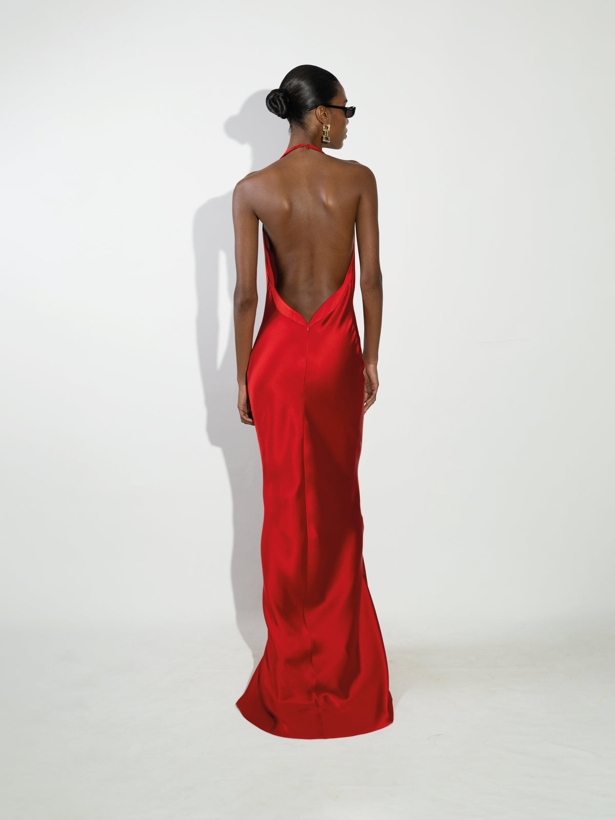 Red Draped Halter-Neck Satin Gown