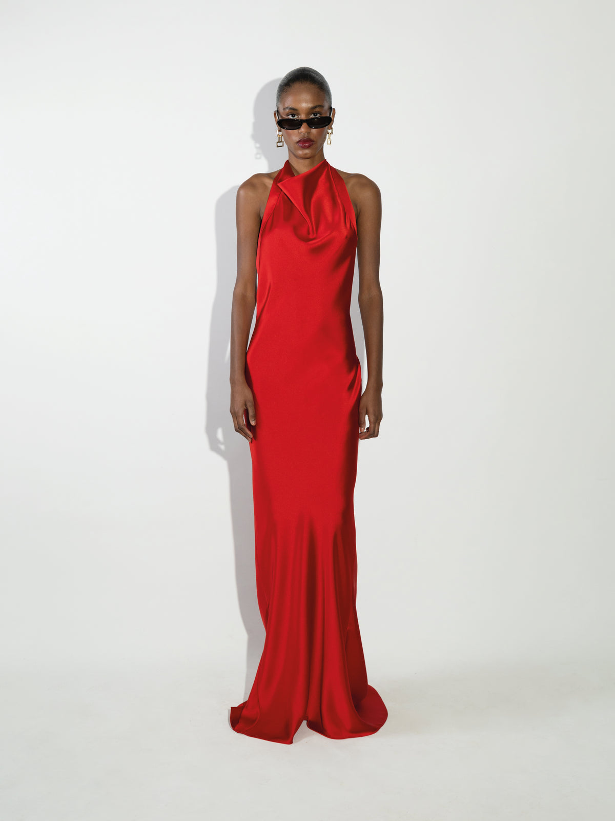 Red Draped Halter-Neck Satin Gown