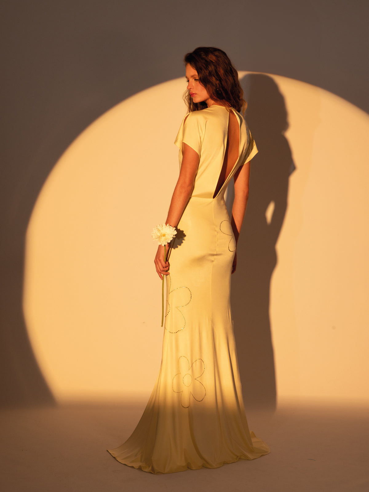 Yellow Floral crystal printed V neck maxi dress