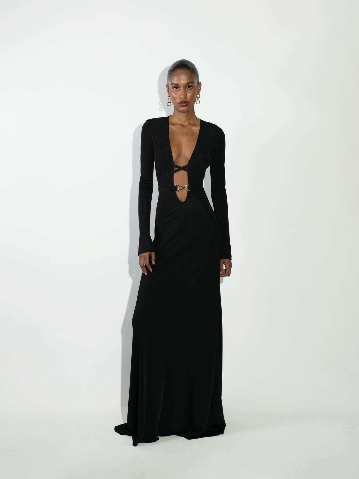 Black Cut-Out Jersey Maxi Dress with Gold Hardware
