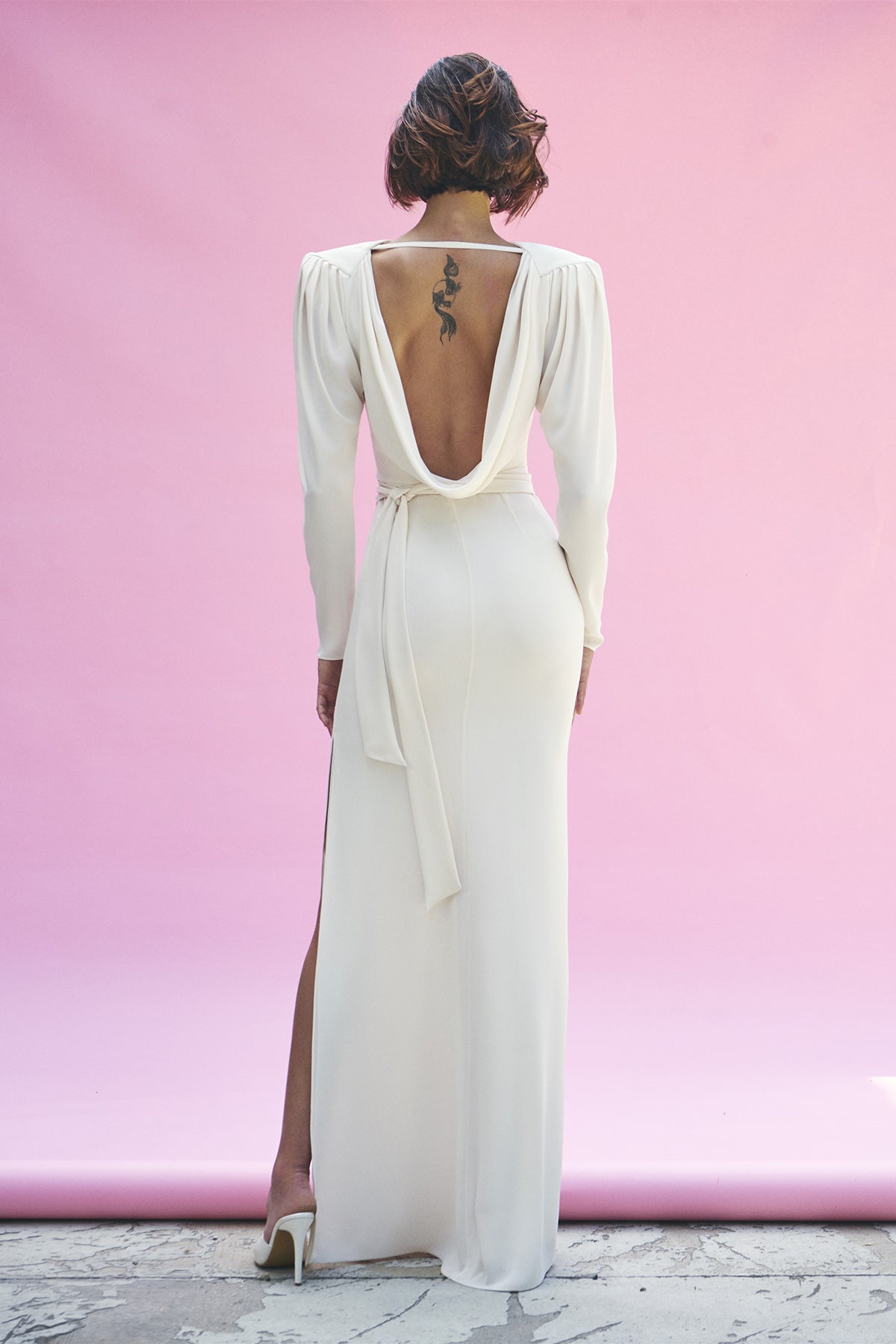 Ecru long-sleeve maxi dress with structured shoulders