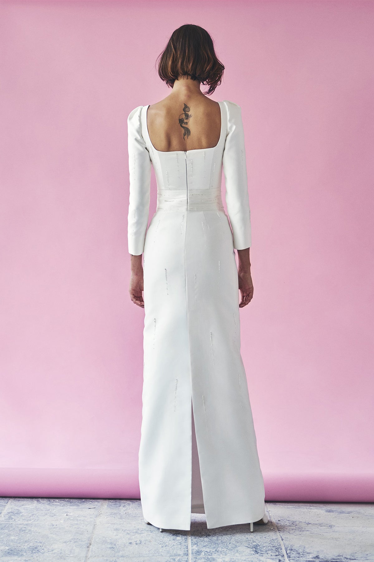 White Square-Neck Embellished Taffeta Maxi Dress