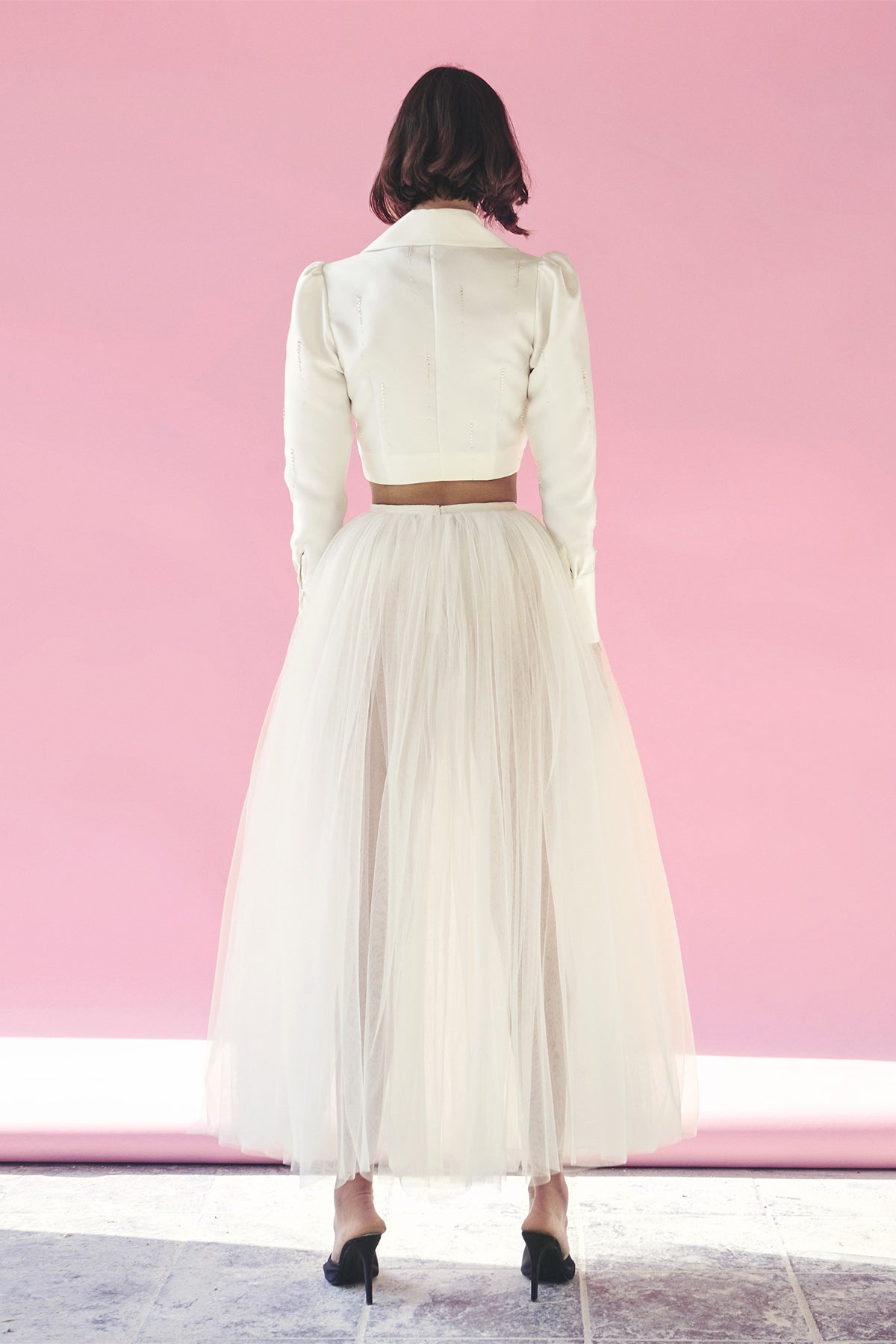 White Tie-Front Cropped Taffeta Top